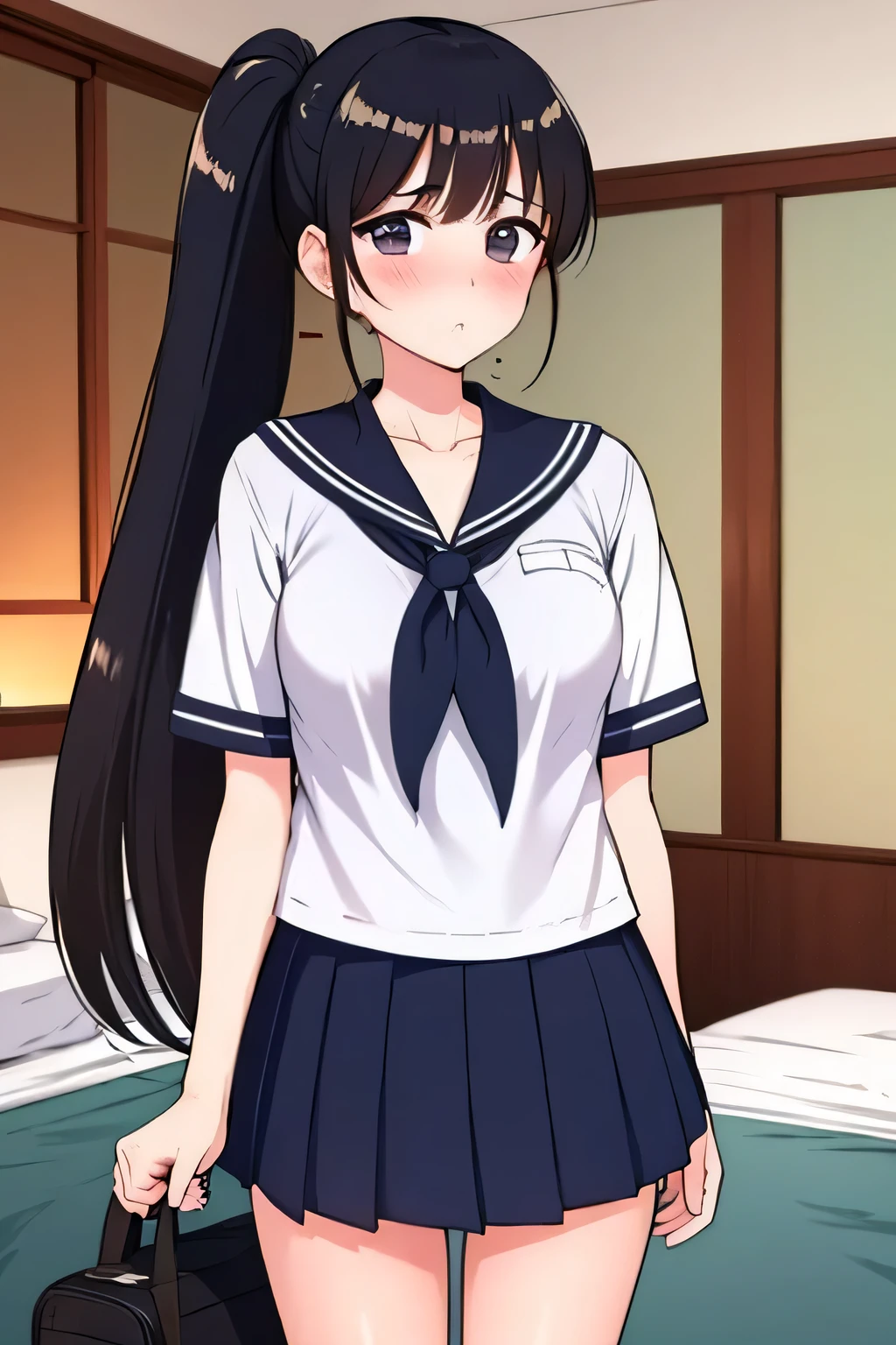 black hair、ponytails、、1girl,blush,school uniform, middle breast, sailor suit, small 、
is uneasy、furrowed brow,scowl,hotel、bed、two guys、