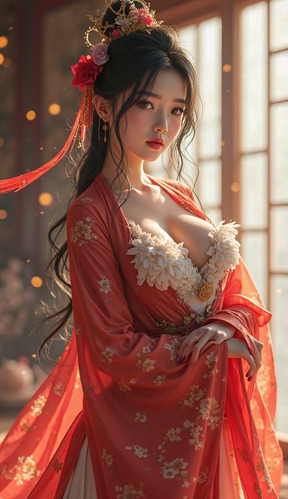 Create an image of a beautiful woman wearing sexy traditional Chinese lingerie. She has a slender face, sharp eyes, long hair, an angled face, a high nose, thin lips, a chest size of 32 inches, a waist size of 24 inches, hips size 33 inches, her skin is bright and white. she has brown hair She has pink nipples Her body was slim and muscular like an athlete. And she was sitting with her legs spread open showing her very attractive genitals.