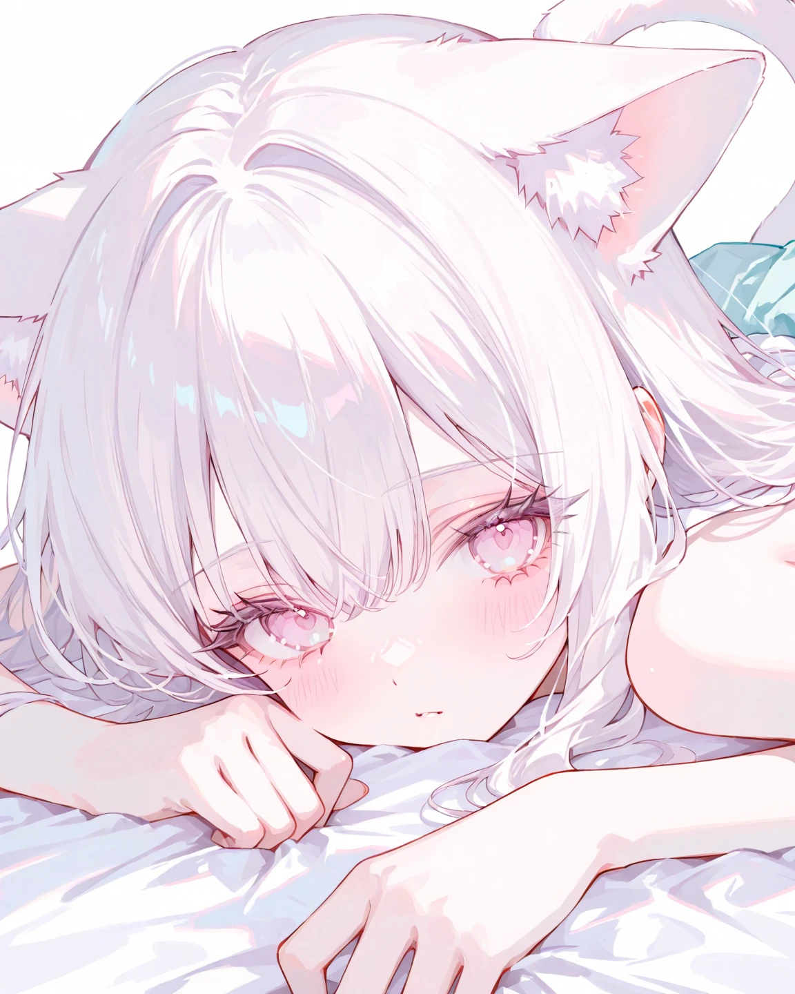 Japanese anime style,White-haired girl,Wearing white,Cat girl,A little bit of reality,On the bed,Being entangled and penetrated by slimy tentacles