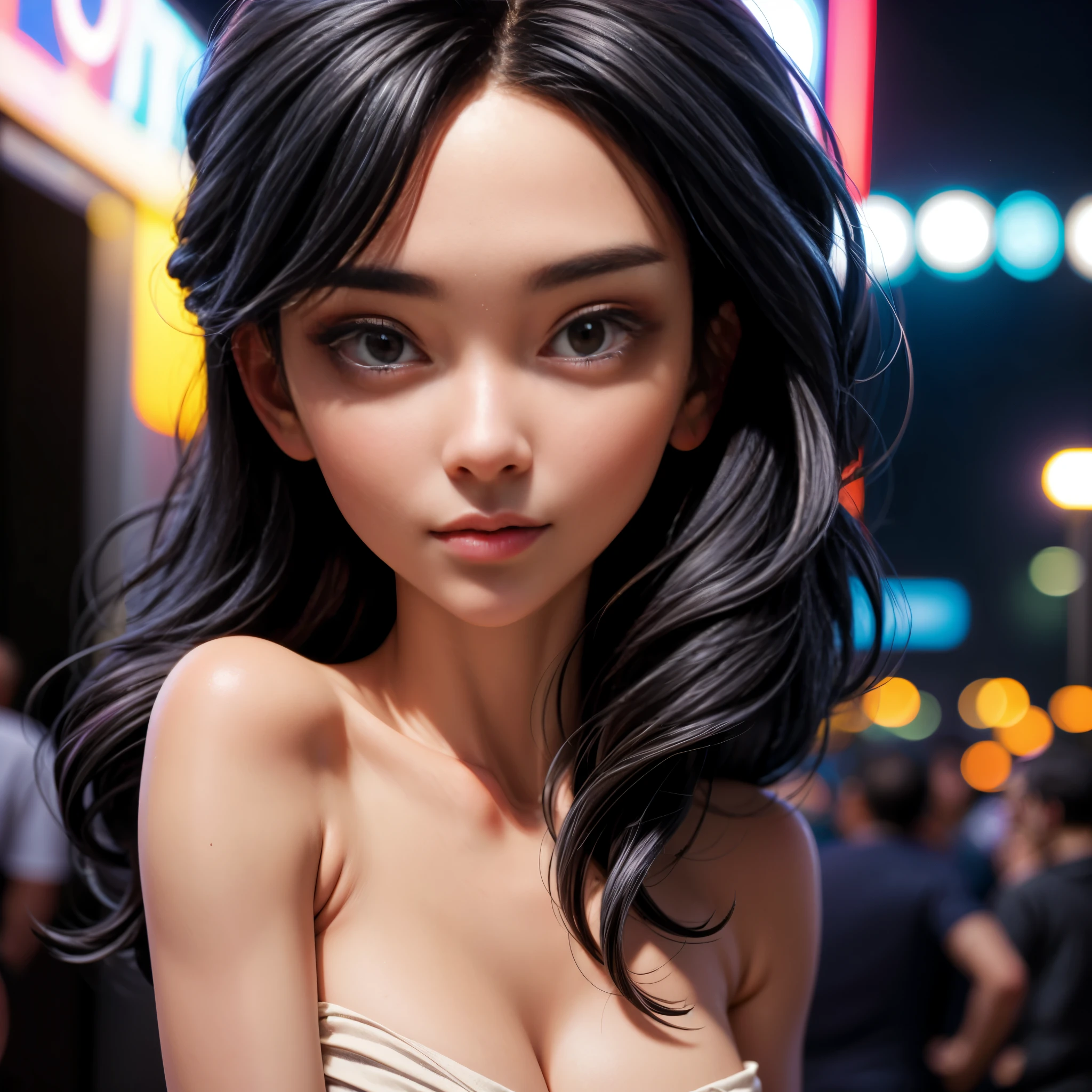 (Nude sexy tanned Polynesian|Asian woman, extremely_long_hair, slanted Asian eyes, hourglass figure, perfect eyeliner:1.2), (masterpiece:1.4, best quality), medium breasts, unity 8k wallpaper, ultra detailed, (shopping in plaza street, blue hour, cum on face and hair, wearing nothing:1.4), alluring pose, upper body, narrow_waist, beautiful and aesthetic, detailed, solo, pubic_hair 