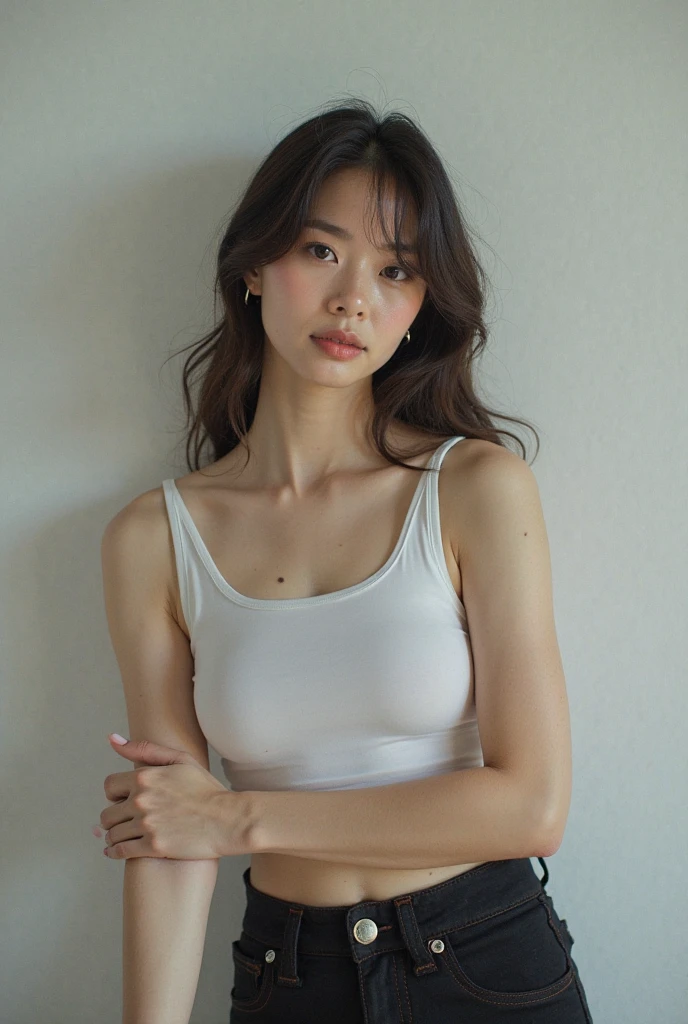 Real, Best Quality, Girl, High School Girl, High Resolution, Natural Skin, Portrait, Looking at Camera, Photo_Light, {{}}, Ulzzang-6500-v1.1:0.8 Facing forward, standing upright, no make-up, in front of a plain white wall in the room, fitted sleeveless white V-neck T-shirt, wide eyes, very short dark blue socks, serious, honor student.