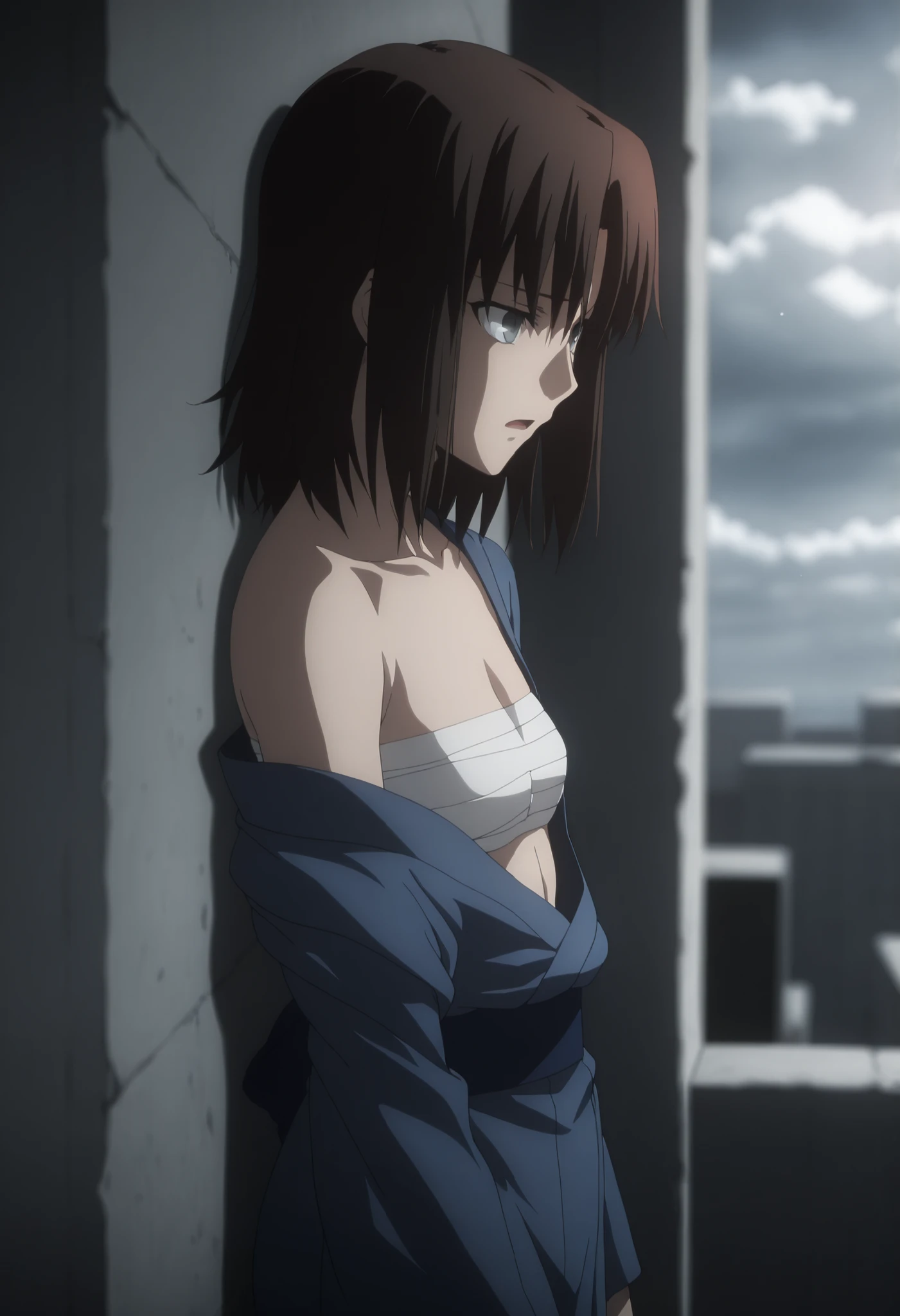 masterpiece, best quality, amazing quality, highres, absurdres, very aesthetic, high resolution, ultra detailed, perfect details, solo, midnight, indoors, ufotable style, (ruined office, cloudy, rainy), , (lens flare, blurry background, ), backlight, from side, from above,
1girl, ufotable style, anime style, (anime coloring:1.5), (anime screencap:1.2) , ,(standing, on wall, ), (nervous, upturned eyes, light open mouth, ), BREAK
girl, mature, slim body, slender body, ,Ryougi Shiki , TYPE-MOON / Kara no Kyoukai , dark brown hair,medium hair,grey eyes,
(sarashi chest), blue kimono pull,with fur collar,red leather jacket, long sleeves, long kimono, bare thigh, (small breasts), flat chest, ((looking at viewr)), expressionless, aged up , concrete, gray background, many TV, broken tv,