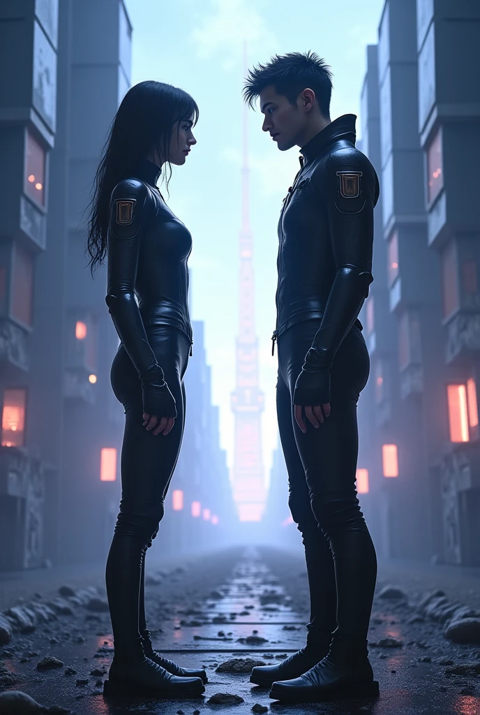 Japanese woman and a muscular man with brown hair both wearing form-fitting silver jumpsuits holding hands while they both stare at a giant glowing orb in the sky.