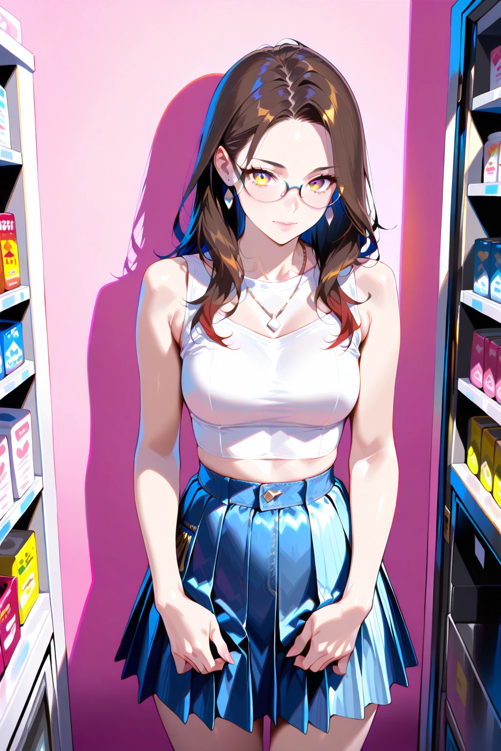 Megane Obatchi is a market stall with her blue torso containing various glasses on top of an blue cover. Her head is orange and she has black eyes, wide pink lips, and two arms hanging out the sides. She also wears glasses with a swirly design on them.SPARKLE; GLITTER