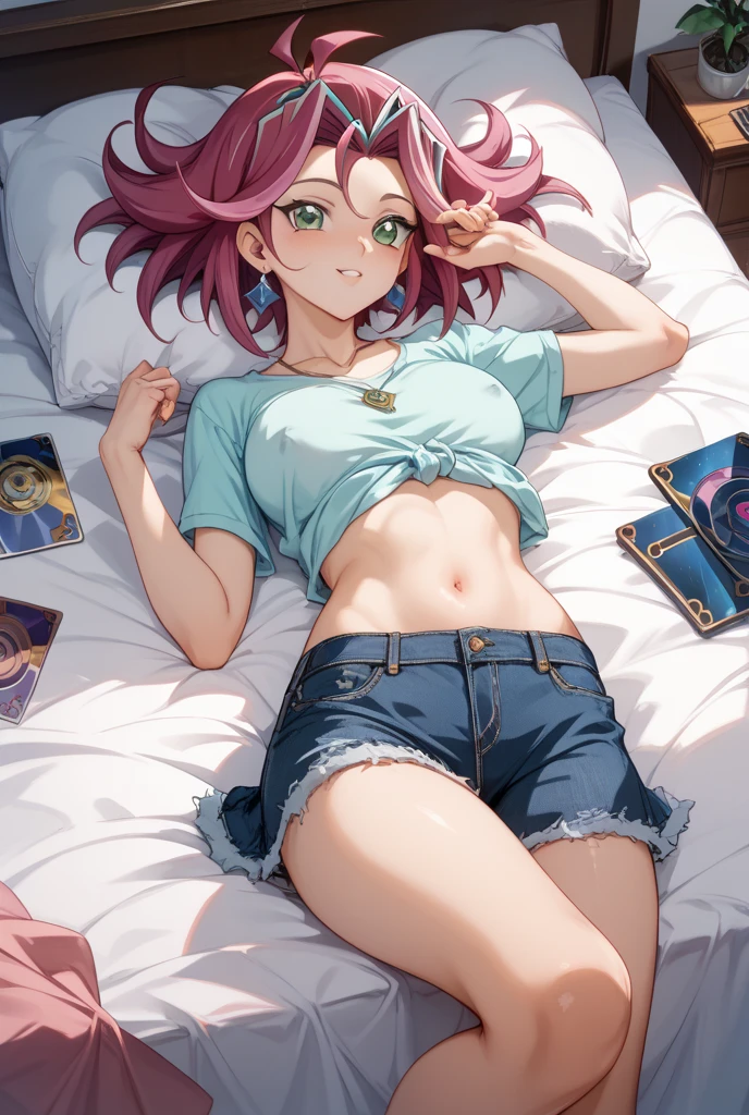 (Masterpiece, Best Quality, High Quality),volumetric lighting, illustration, beautiful, tight , Blushing, looking at viewer, blue bra printed by shining stars, shorts, down,solo, stars print,confident, seductive, (embarrassed pose:1.1), heart pendant,perfect lighting, perfect shadows, flower, (breathtaking scenery:1.1), tree , visible thong straps, tennouji rina, in her boyfriend room, Egyptian, tiara , fake cat ears , short hair
