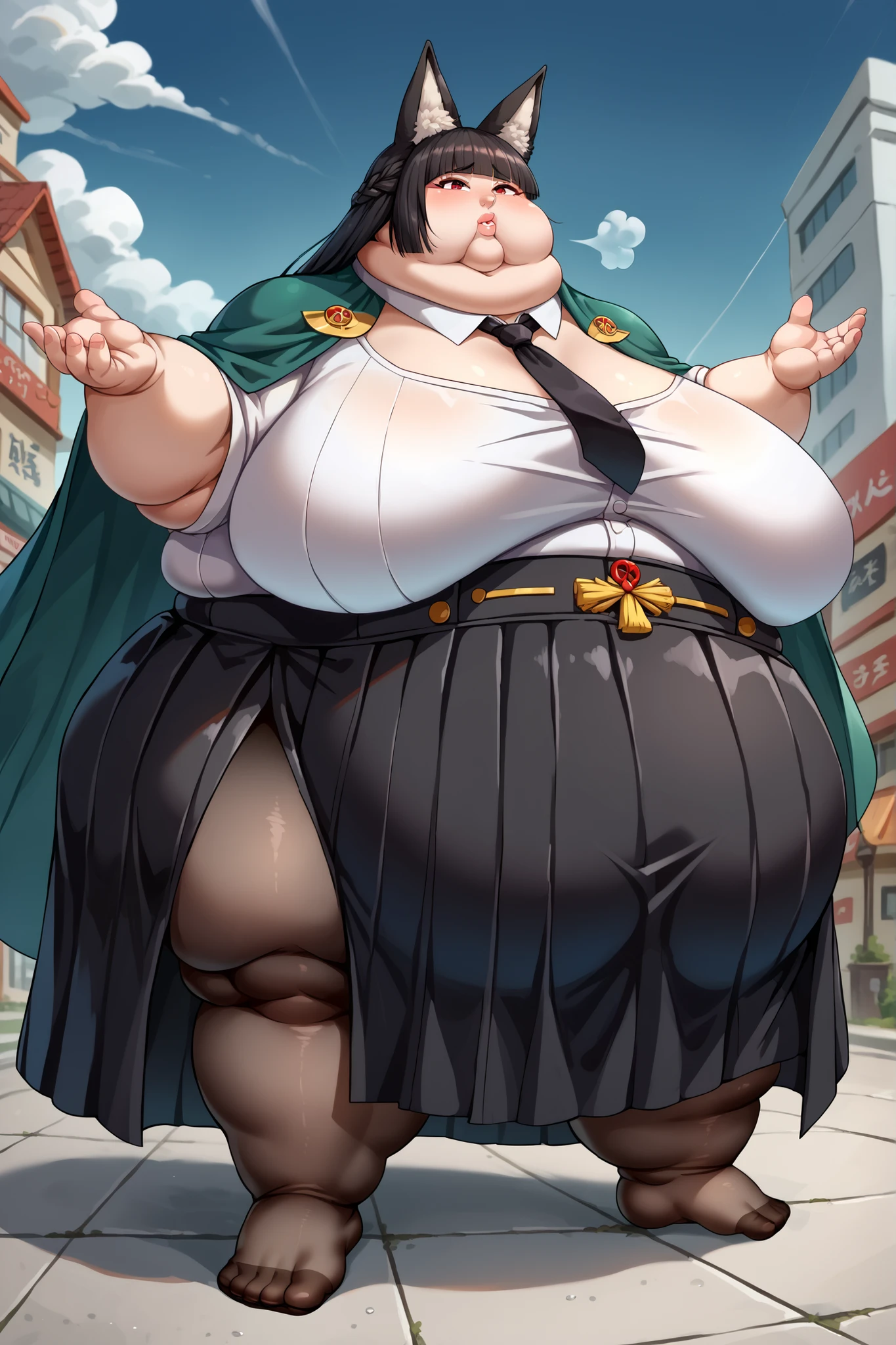 Fat_neck , Fat head , eyes with crushed cheeks , nose with crushed cheeks , mouth with crushed cheeks , chin roll , chubby, obesity, chubby, shortness of breath, Wide angle , Ultra-detailed illustration , masterpiece , top quality, fat, chubby, obese , hoshimi, red eyes, black hair, very long hair, blunt bangs, braid, fox ears
green cape, jacket on shoulders, fingerless gloves, left mechanical arm, gauntlets, white shirt, long sleeves, black necktie, black skirt, high-waist skirt, pantyhose, long skirt, pleated skirt, side slit, giant hands, giant feet, fat, chubby, obese, gigantic arms and legs, gigantic breasts, sagging breasts, full body shot, fat face, chubby face, double chins, big lips,