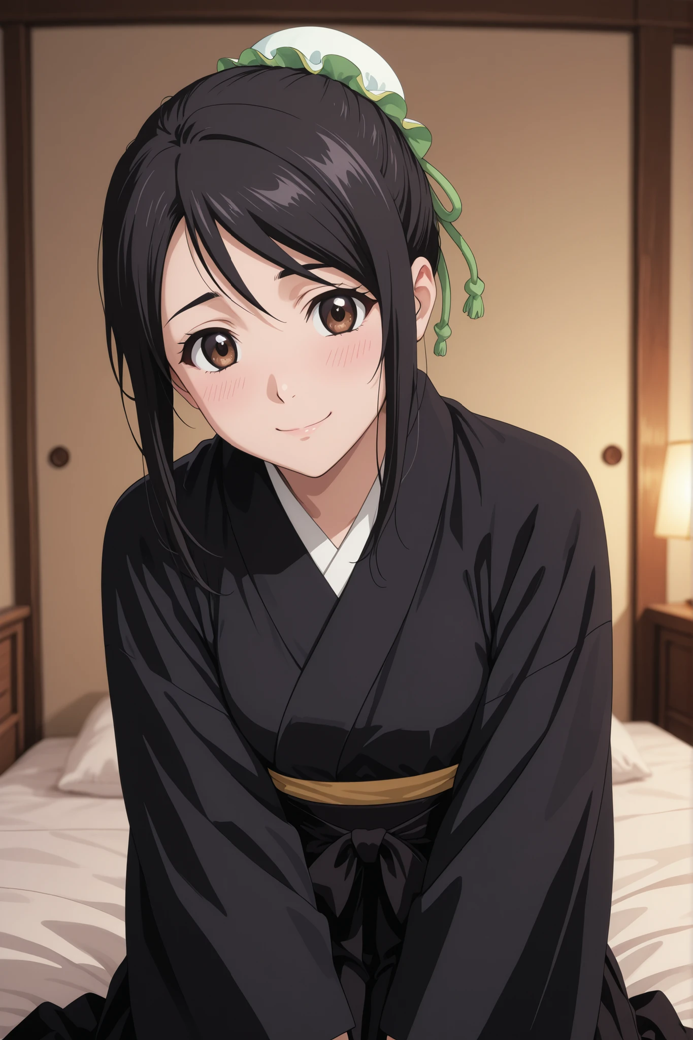1 girl, momo hinamori, black hair, simple bun, bun cape, brown eyes, japanese clothes, black hakama, hakama skirt, black kimono, shy smile, attractive, looking at viewer, in bedroom, in love