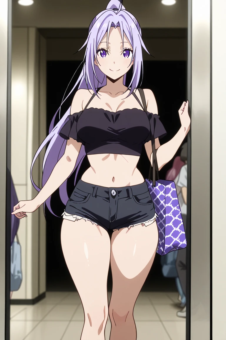 the anime character with long white-purple-silver hair, has a big smile, 1girl, solo, smile, gradient hair, long hair, multicolored hair,(gigantic breasts:1.2), blue eyes.5fingers,bikini,beach,(cowboy shot)