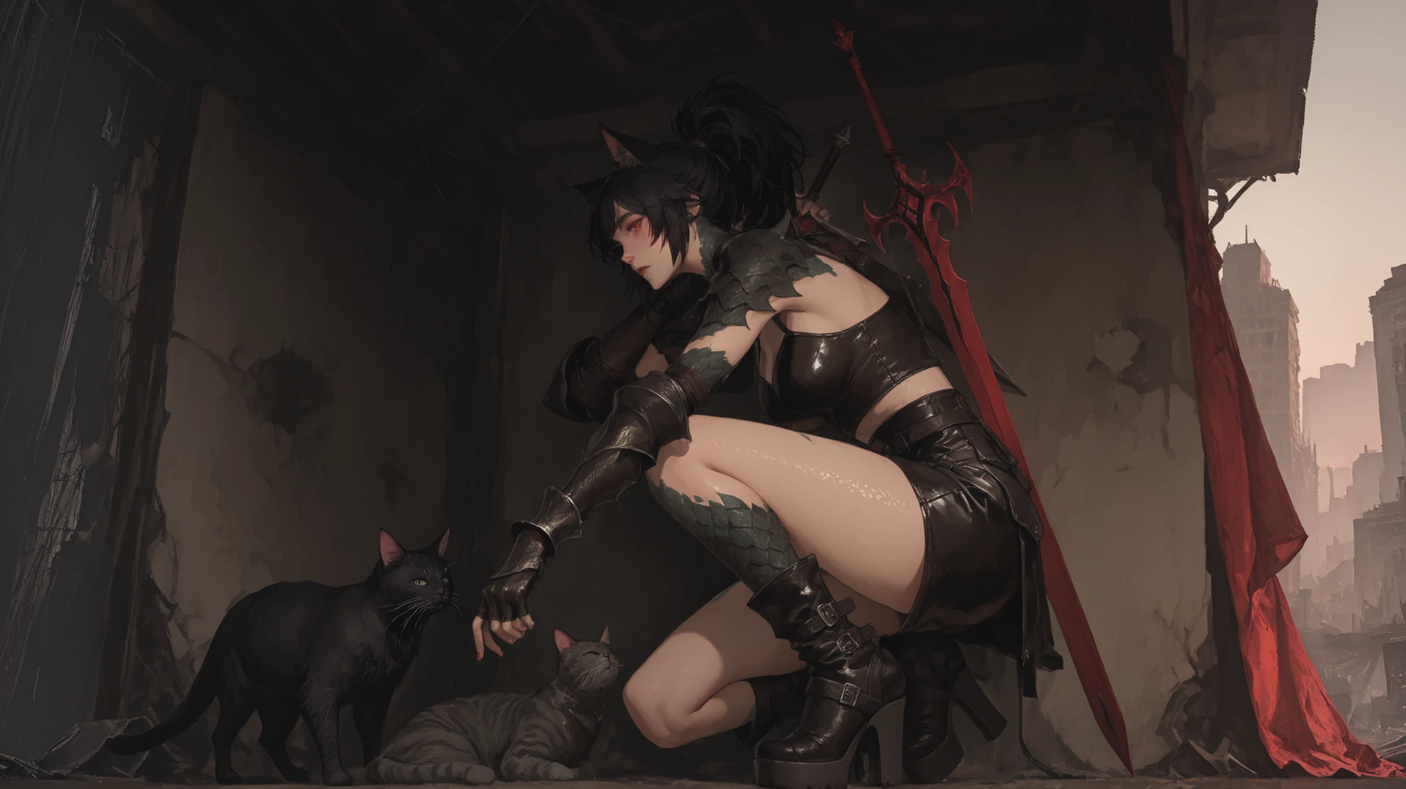 A beautiful girl with cat ears, black hair with ponytail, with a long side fringe, ojos rojos, a black armor for girls and leather, with a black textured leather skirt, (on the right arm is red like a gauntlet with scales and tips), (a sword on the back very elongated), (platform boots with heels), beautiful thighs, in the background an abandoned city in the middle of the desert.