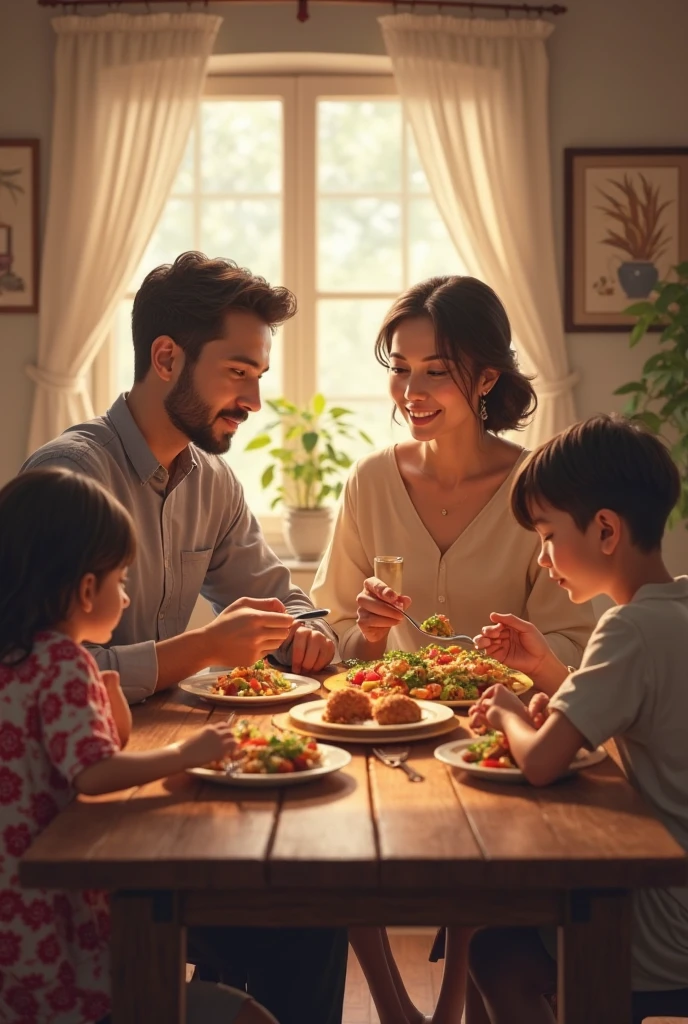 A happy family enjoying a healthy meal with vacuum-sealed side dishes in a cozy and inviting setting. The scene is filled with warmth and contentment, as each family member shares delicious and nutritious food from the containers. The vibrant colors of the dishes and the intricate textures of the food are beautifully captured in rich and detailed brushstrokes. The lighting bathes the scene in a soft and natural glow, casting a gentle warmth over the happy family. Their smiles radiate with joy and satisfaction, as they savor each bite and connect with one another in this delightful moment. This is a heartwarming and delightful digital painting that brings the essence of a happy and healthy family to life.
