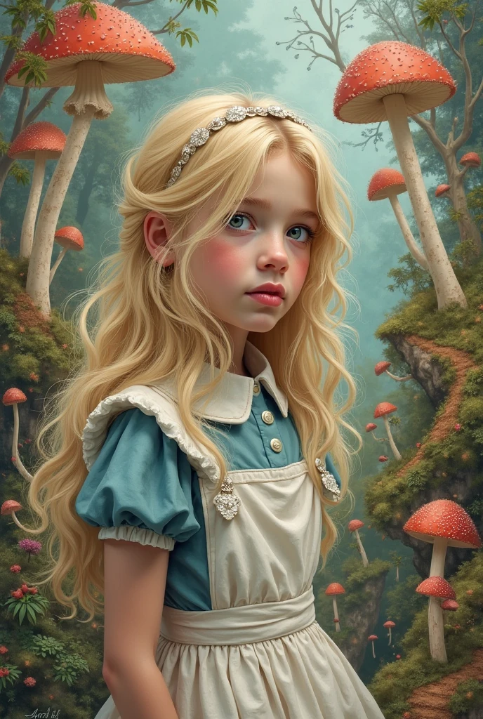 Create a full-body painting of Alice in Alice in Wonderland to capture a moment of deep contemplation. Her expression should be a mixture of curiosity and a hint of anxiety, as if she is in deep doubt about reality and her place in it. Her large eyes should be wide open, reflecting the surreal world around her. Perhaps there should be hints of distorted imagery hidden in the colourful landscape - a smiling Cheshire cat, a clock, the winding paths of a Wonderland forest. The lighting is soft yet dramatic, casting gentle shadows that emphasise the depth of her thoughts. Her hair could be slightly dishevelled, as if she has been on a long journey, and the iconic headband should perhaps be slightly slanted to add to the sense that she is pensive. The colour palette should be a mix of soft pastels and dark, introspective tones to create a balance between innocence and the complexity of her thoughts.

Translated with DeepL.com (free version)