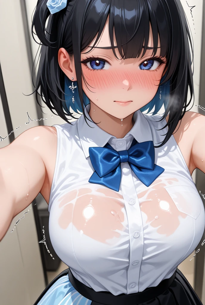Tazune rirei, nsfw, 8k, ultra-detailed, Masterpiece, best quality, perfect lighting, aqua eyes, black hair, side ponytail, middle chest, (bukkake:1.5), (cum on face:1.5), (cum on hair:1.5), (cum in mouth:1.5), street, day, white bra, cleavage, skirt, loafers, standing on street, portrait, bokeh, blush, embarrassed, open mouth, tongue out, 1girl, solo, ((spoken heart))