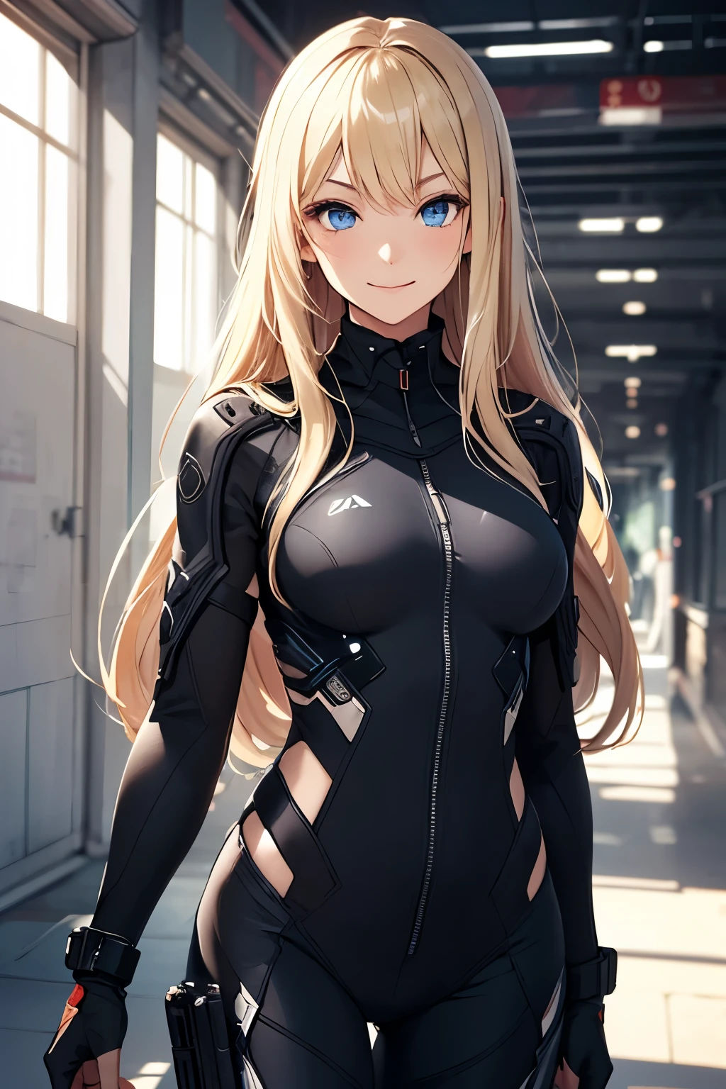 Teenage girl, Linda, wearing combat suit (fully body) provocative bodysuit), breastsout, defined body, anatomical correct, long  hair, high-tech, in a spaceship corridor, best qualityer, 3d, anime styling