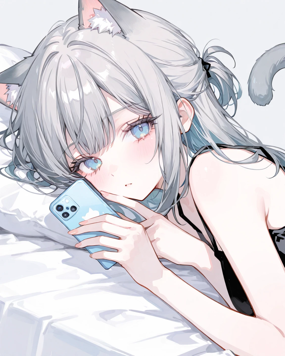 Anime girl lying on bed,Mobile phone in hand, from girls frontline, Guweiz in Pixiv ArtStation, White-haired fox, Guviz, Guweiz on ArtStation Pixiv, Guviz-style artwork, Digital art on Pixiv, white cat girl, anime girl with cat ears, white haired Cangcang, White-haired