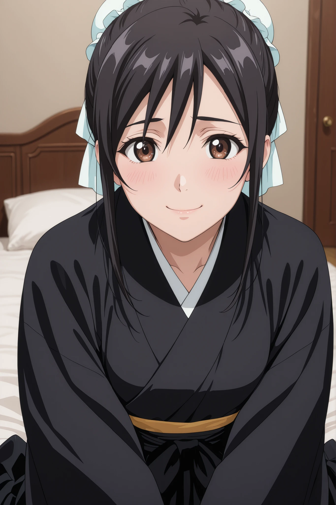 1 girl, momo hinamori, black hair, simple bun, bun cape, brown eyes, japanese clothes, black hakama, hakama skirt, black kimono, shy smile, attractive, looking at viewer, in bedroom, in love
