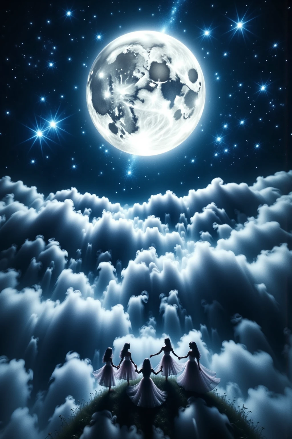 Moonlight sonata played under the moonlight, Elegant and delicate melodies, Beautiful and peaceful atmosphere, 밤하늘 아래 연주되는, Tranquil scenery like a watercolor painting on drawing paper, Sparkling Starlight, Soft moonlight, Soft fog, Beautiful silhouette, Fine textured details played under the night sky, high definition, realistic expression, Masterpiece, expert work, Vibrant Colors, soft lighting