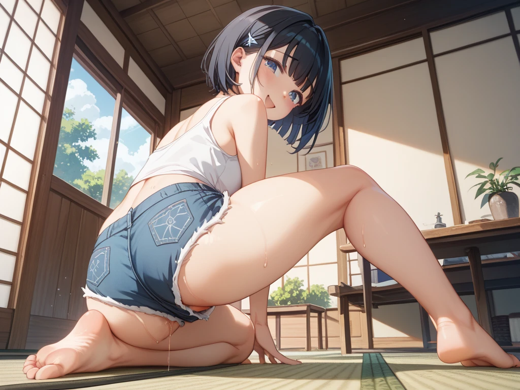 nsfw, best quality, masterpiece, japanese, realistic, , 1girl, solo, nipple slip, all fours, small breasts, breasts shot, smile, white camisole, blue skirt, pleated skirt, black hair, smile, looking at viewer, ponytail, brown eyes, bangs,