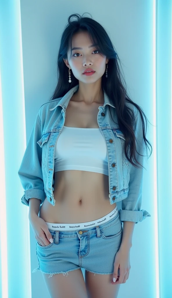 paparazzi shot of SCANTILY CLAD Lisa , Lisa face shape, wearing a tight white T-shirt, open waist, light blue pleated skirt, long legs, masterpiece, superlative, realistic, HD, photography lighting, 16k