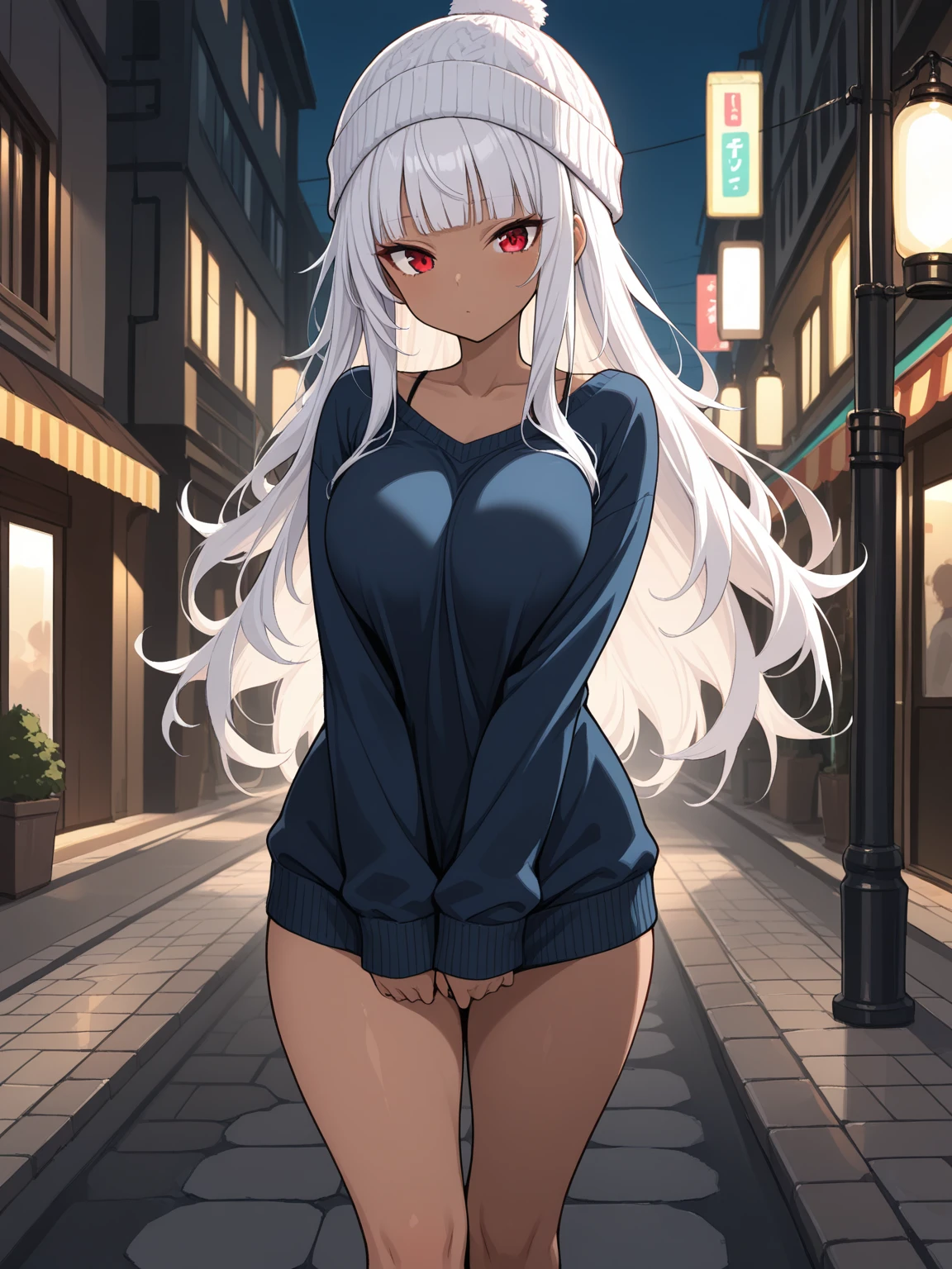 (masterpiece), best quality, highly detailed faces, (SHARP details), 4k, highly detailed, expressive eyes, SHARP detail expressive eyes, (SHARP detail perfect face), ((dark skin)), (cat ears), (cat tail), ((platinum blonde hair)), amber eyes, long and wild hair, tomboy, ((young girl)), ((flat chest)), (((9 year old girl))), smiling, outdoors, nighttime, street, billboards, (red light district), neon lights, full body shot, (condom wrapper), (nude), young girl, (close-up), presenting pussy, standing,