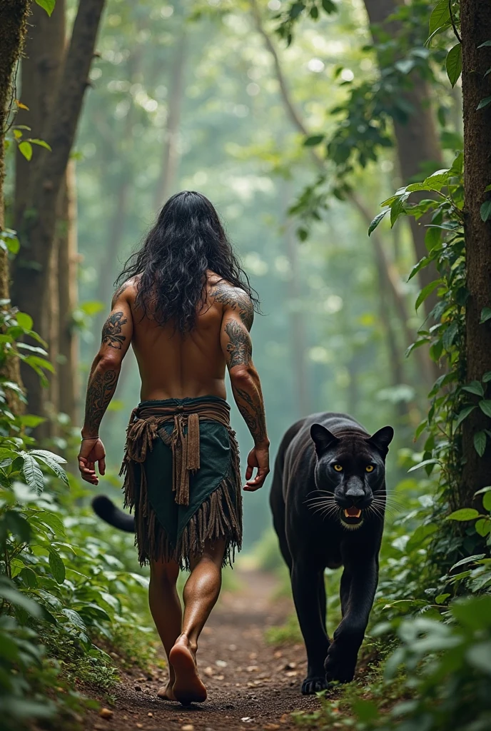 A handsome guy with dark skin and the masculine features of a young guy. He has black hair that reaches below his waist and panther ears.. He has a bare torso, wearing full-length brown fur trousers and hoof-like shoes.. He has a red heart pendant.. He squats in a thicket of ferns and shoots a bow.. A kind, beautiful panther lies beside him..