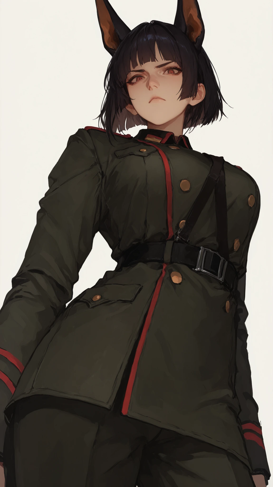 masterpiece, absurdres, 4K, 1girl, serious face,kemonomimi(1.4), doberman ears, short blunt bang hair, military uniform, looking at viewer, viewed from below, irritated look, military, pure background