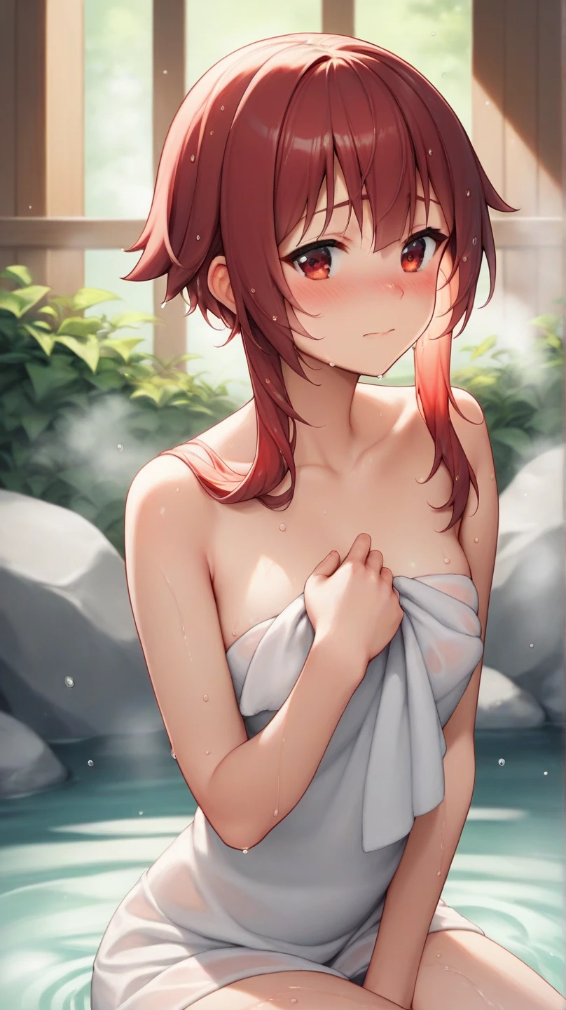 (​masterpiece:1.5)、very detailed face and eyes、(Photorealsitic:1.2)、ultra-quality、animesque、charming anime girls、Smooth Anime CG Art、(((solofocus)))、1girl in、(((View from the front)))、(((upper body)))、(((fullnude)))、fullnude、barechested、((small tits))、(((Sweat)))、((sodden))、(slender)、Teary-eyed、red blush、embarassed expression、(((Medium hair)))、Open mouth、((Cover the chest and crotch))、(((spread legs wide)))、(((outdoor bath)))、outside of house、blue-sky、((firmament))、sunny sky、(((The background is only a hot spring and the sky)))、(((Bathing in a hot spring)))