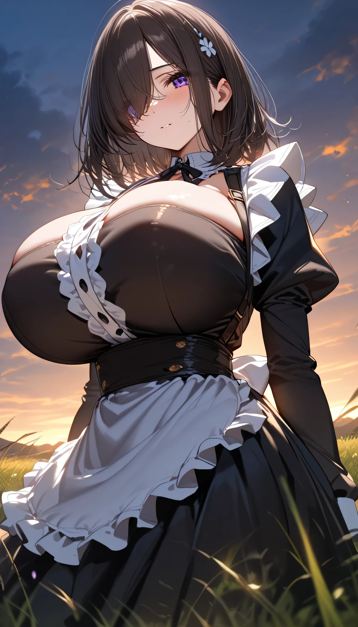 (masterpiece, Highest quality:1.2), (1girl), alone, ((medium hair)), ((dark brown hair)), (straight hair), ((hair over face)), (hair over one eye), (hair over right eye), high detail, bloom, ((detailed face)), (beautiful effects), ,detailed eyes,(black maid dress), white apon,long sleeves, (purple eyes), ((huge breast)), meadow, dusk, standing, close
