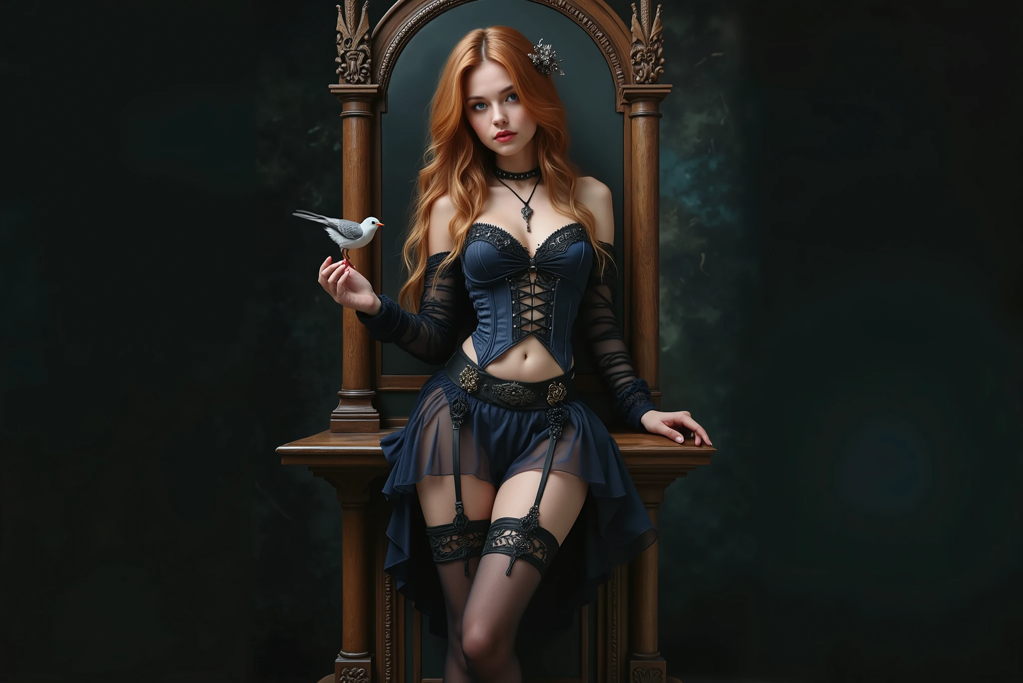 High quality and high definition photo. there is slender young European woman staying by a throne with a bird in her hand, gothic fantasy, gothic fantasy art, pretty gothic maiden, gothic aesthetic, fantasy outfit, blue corset, cute gothic girl, dark fantasy style, gothic art, gothic clothing, seductive cyberpunk dark fantasy, gothic art style, fantasy style clothing, dreamy gothic girl, beautiful necromancer girl, medieval dark fantasy