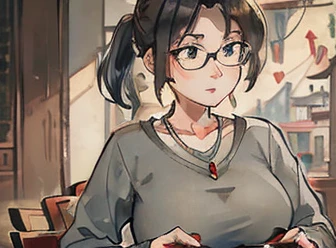 art by Mandy Jurgens and (Alex Grey:1) and (Brandon Woelfel:1) and (Leonid Afremov:1) and Josephine Wall, masterpiece, portrait, stunningly beautiful 1girl, (cute:1.1), beautiful feminine face, medium breasts, cleavage, round glasses, thick sweater, nerdy, wavy brown hair, autumn, horny, blushing

 <lora:hotvr407_v10:0.9>