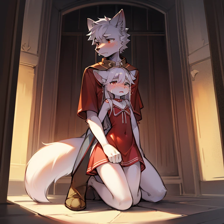 create panel in the art style of mo dao zu shi hybrid character with wolf ears,masculine and dominant gender, short wolfcut white hair , purple raven iris eyes,pale skin, wearing a sexy red dress looking in the mirror of a dressing room alone with a cheerful smile