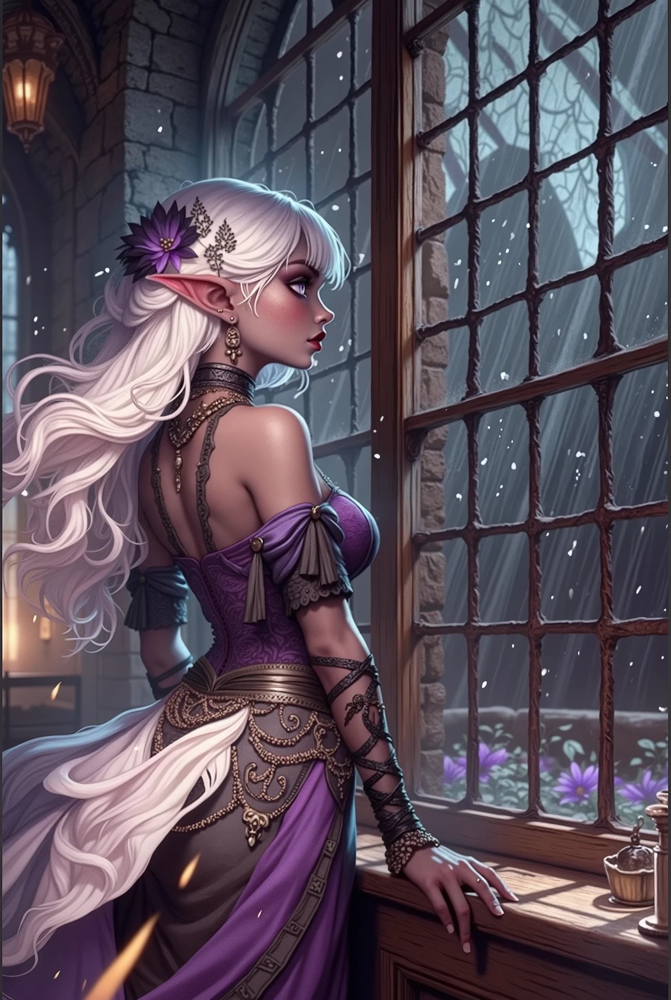 (Ultra-detailed face, Looking Away, Gothic Illustration, Dark Tone Colors.) , BREAK
(A chapel with large, high windows and medieval Gothic furniture. Lightning shines and strong winds cause rain to beat against the glass of the skylight and stream down. A dark elf woman stands by the window, looking out with a melancholy expression. She has white hair, dark purple skin, an old-fashioned Roma-style belly-dancing dress, and braided sandals. Viewpoint looking up at the woman from below.) , BREAK
(The female dark elf has white hair and white eyebrows, crisp bangs, long wavy hair to her waist, small pink lips, lavender eyes, dark purple skin, and dark eyeliner.)