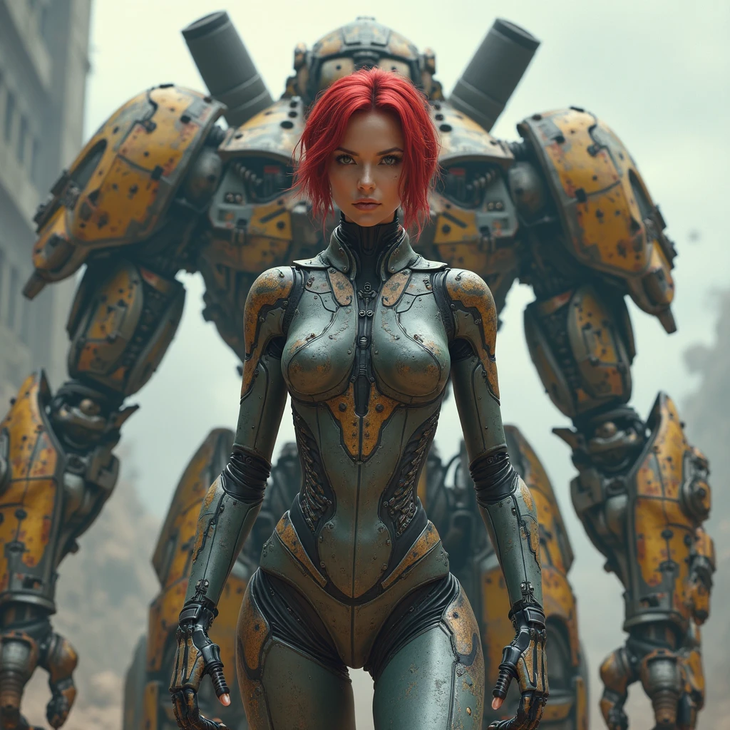 Science-Fiction, 1mujer, corte de pelo militar corto rojo, ojos rojos claros, mecha armor Science-Fiction bodysuits green_color platino, high tech cyber legs, (grandes mechenical arms:1.9), High-tech helmet, imponente armadura protectora de busto, cuerpo completo, epic futuristic_Technological experience, Pose aleatoria,Neotech, formato de imagen PNG, sharp lines and edges, solid colored blocks, over 300 dpi dots per inch, 32k ultra high definition, 530 megapixels, (Fotorealista:1.5), 4D, High definition RAW color professional Fotos, Foto, maestropiece, realista, ProRAW, realismo, Fotorealismo, alto contraste, digital art trending on Artstation ultra high definition detalleed realista, detalleed, textura de la piel, hyper detalleed, realista textura de la piel, facial features, Armadura, La mejor calidad, ultra-high-resolution, High resolution, detalleed, raw Foto, sharp re, lens rich colors hyper realista lifelike texture dramatic lighting unrealengine trending, ultra sharp, Perfectly Symmetrical Body. LineAniRedmondV2-Lineart-LineAniAF:0.8, SDXLanime:0.8, EpicAnimeDreamscapeXL:0.8,Mitad de viaje_estilo_especial_Edition_0001:0.8, 3dmm_V1 1: 0.8,..3D_tono_XL:0.8,JuggerCineXL2:0.9,detalle_maestro_XL:0.9, detallemaestro2.0:0.9,mecha_girlish_figura,mechenical arms,hermosoojos detallados_V10:1.3, perfecteyes-000007:0.5, ,Chrometech ,Halloween technology ,ledarraytech ,vendimia_Science-Fiction