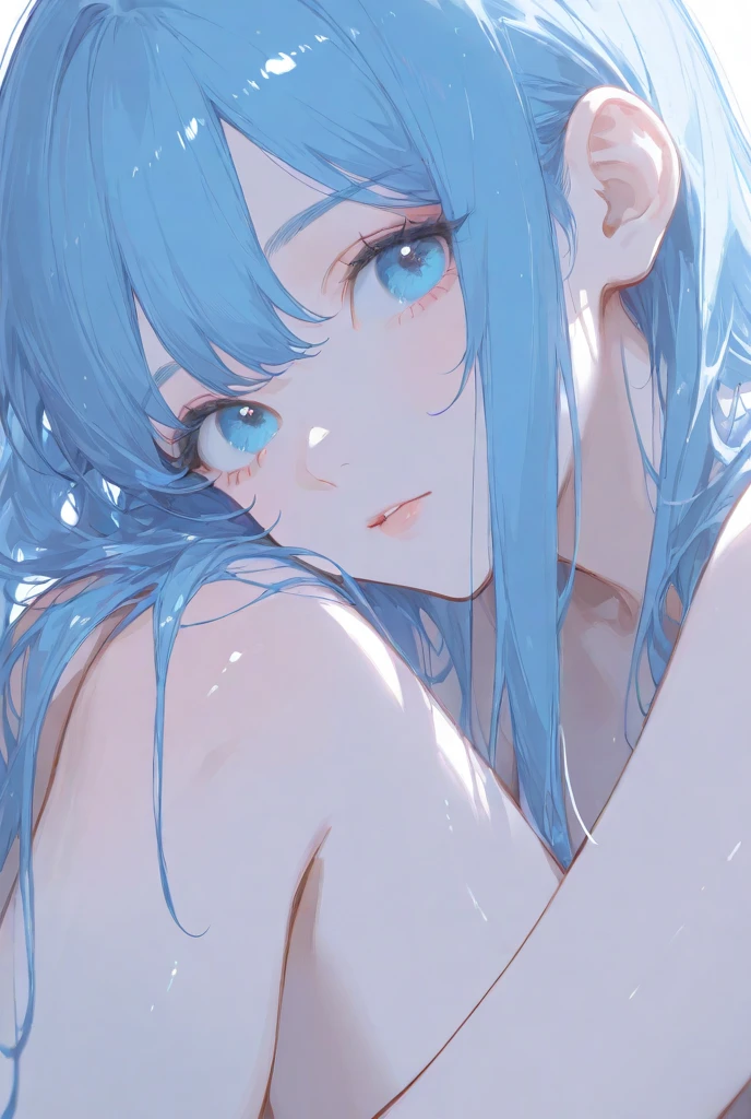 4K,8K,(masterpiece), (Highest quality), (Very detailed), (Disheveled Hair), (shape), (topless), Are standing, Fashion Model,Silver Hair、whole body、 Looking at the audience, (interview), (Simple Background), Beautiful and beautiful eyes, Delicate and beautiful face, floating, (High saturation), (topless), topless, (Shine), Focus on the face, ponytail, Ayaka Kamisato, Light blue hair, bangs, Hair Ring, floating flowers, floating hair, (The Shining), Best lighting, Best Shadow, topless