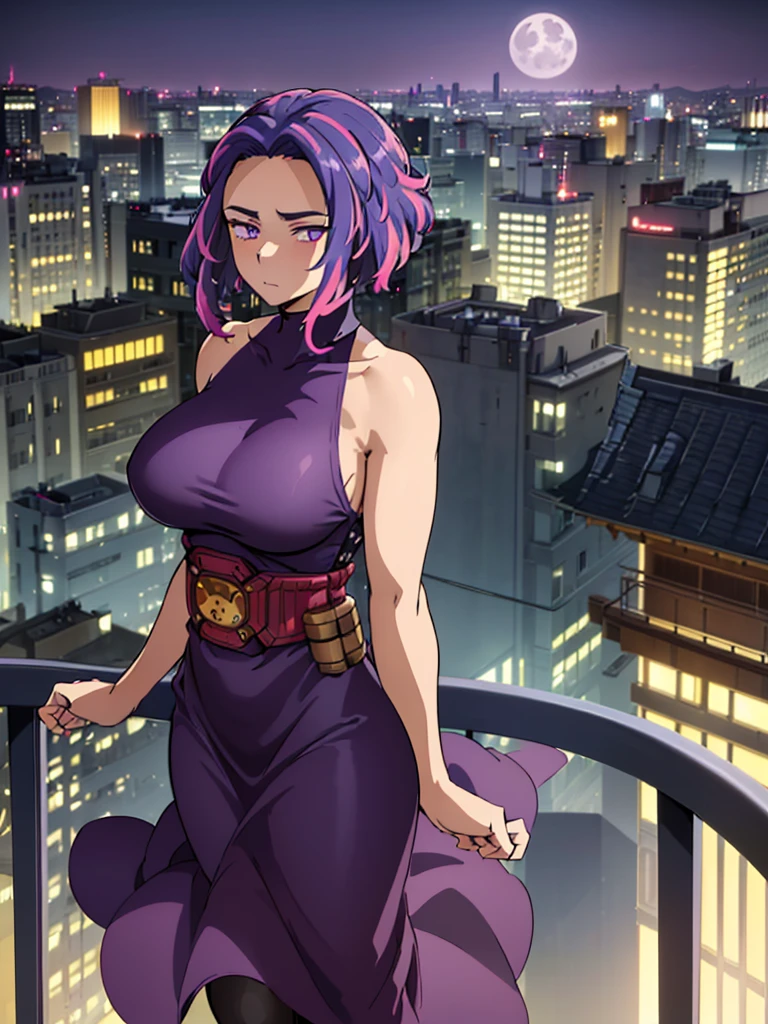 1girl, alone, lady nagant,(masterpiece, best quality, ultra detailed, beautiful illustration), atmospheric perspective, depth of field, looking at viewer, beautiful detailed eyes, anime eyes:1.4, (portrait), sexy pose, dynamic angle, (outdoors, night, giant moon, tokyo, metropolis), 1girl, neutral expression, mature woman, (huge breasts, huge ass, wide hips),  Nagant, purple hair, purple eyes, multicolored hair, short hair, sleeveless, streaked hair, pink hair, medium hair, bare shoulders, two-tone hair, dress, turtleneck, belt, collarbone, thighs, sleeveless dress, purple dress, bright pupils, white pupils, bangs, (on top of a skyscrapper:1.5, leaning against a railing:1.5, overlooking the city:1.5, city lights:1.5), perfect hands, perfect anatomy,