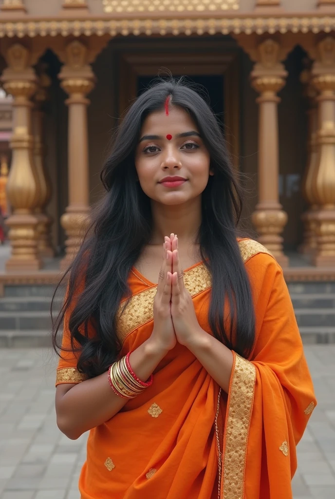 Create 25-year-old cute white girl with long black hair and wearing indian traditional costume and praying to lord muruga in Malaysia 