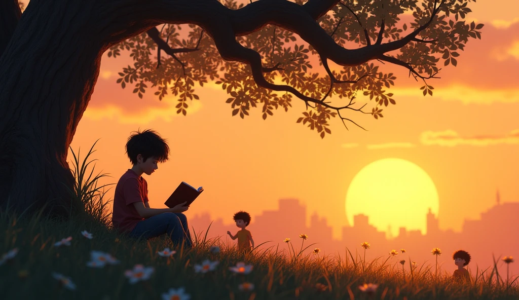 Faraway view，On the lawn under the afternoon sun，The little boy sits on the lawn, holding blocks in English and English，From a distance, his mother was seen standing next to him and watching him --auto