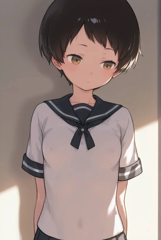 ((Small Breasts)),nsfw,((Beautiful nipples)),White bra、((uniform、Checked mini skirt))、Highest quality、Very delicate and beautiful、I、((10 years old ))、Japanese Girl、Primary school students、((Very short bangs))、((Bangs))、Light-colored hair、Brown Hair、Short Bob、Cute face、Cute like an idol、Yellow Eyes、Are thin、Slim figure、Bright room、Daytime、Nice thighs、Are standing、Embarrassed face、White panties、Sweat、Troubled face、Shot from above、