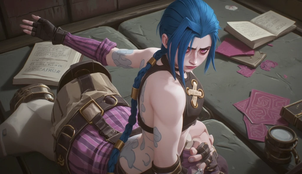 Outdoors, masterpiece, best quality, absurdres, highres, 4k, ray tracing, intricate details, highly detailed.
1boy (A male version of Jinx, from league of legends, he is a femboy, extremely slim, wide hips, flat chest, weak, long blue hair, 2 ponytails, sweating, panting for air, extreme pain, puking, body filled with bruises, bruised genitals. Bloodied, bruised, crying, extreme pain and shock, slutty femboy, tiny micropenis with excessive foreskin.) Extremely detailed, ultra high quality. Jinx on extreme pain drooling and puking, puke, vomit, vomiting. bruised groin, flatted testicles. Puking on ground. Testicles about to break, almost broken testicles. Drooling vomit, big vomit and blood splatter on ground below him. Broken testicles, ruined testicles, bruised and bloodied testicles, micropenis, big squashed testicles, bloodied swords on testicles, swords through testicles, sword in tiny micropenis urethra. Bruised destroyed impaled testicles. Urethral insertion of long rusty bloody sword.