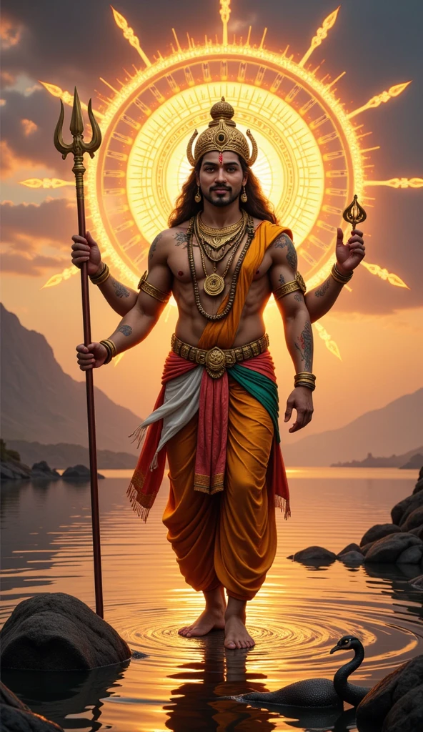Begin with a powerful image of Lord Shri Ram holding his bow, with divine light radiating around him.