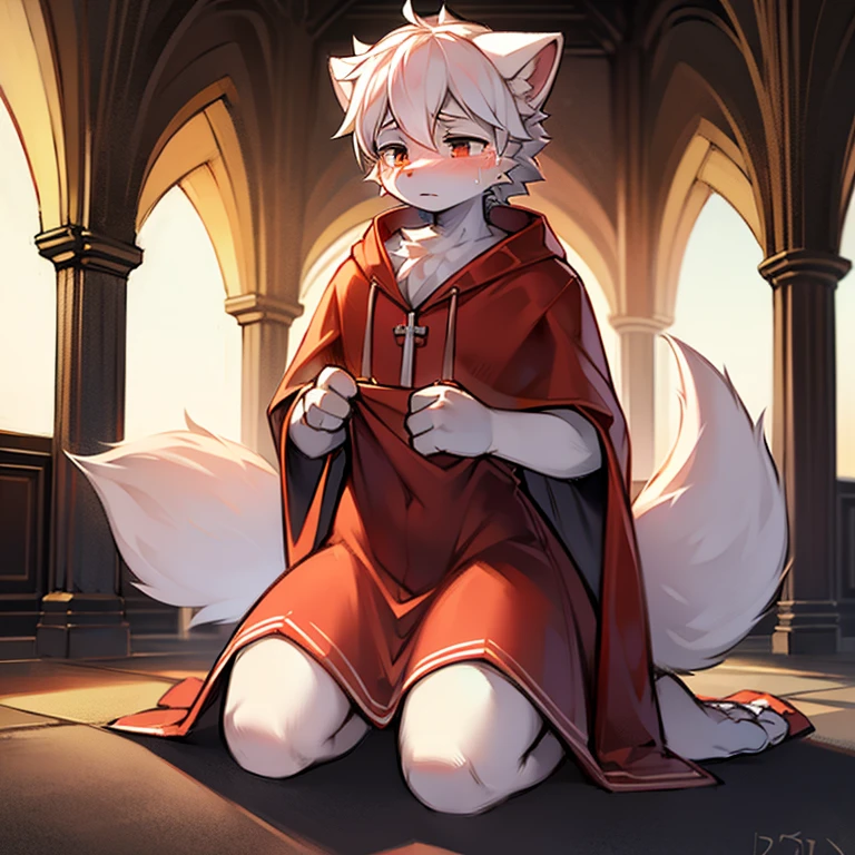 Super high resolution, detailed background, Kemoshota, furry pink wolf cub Shota boy, innocent kindergarten boy, naked, tail, crying, embarrassed, collar, vault, jail, bound, dark, candle light, underground, punishment, pelvic thrusts, close-up, nipples, micro penis, flaccid small tiny phimosis dick, tiny foreskin,