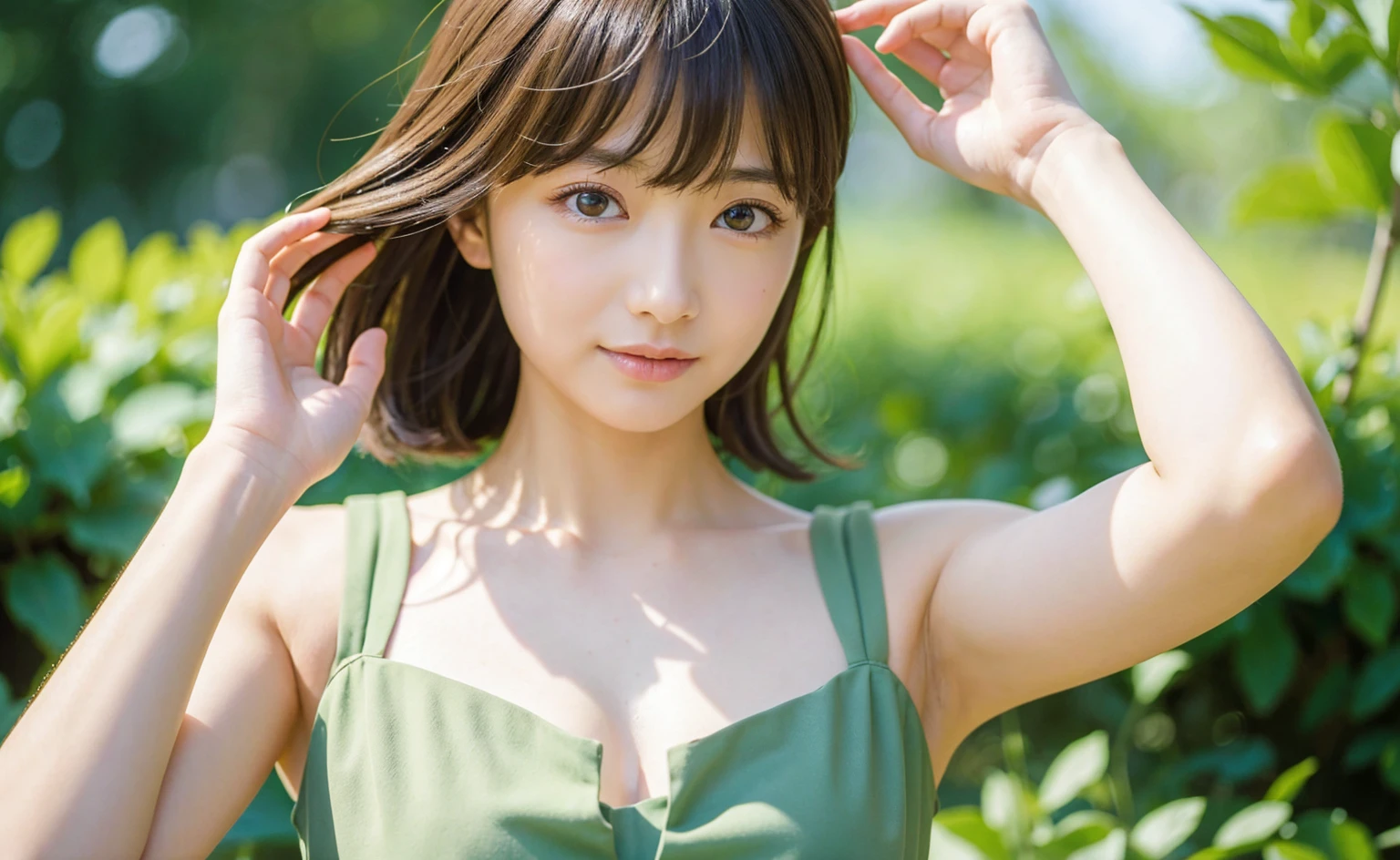 masterpiece,Highest quality,1 girl,Delicious face, bangs, just_arm, just_shoulder, green_eye, clavicle, (High resolution:1.48)、(17 years old:1.48)、(Very fleeting