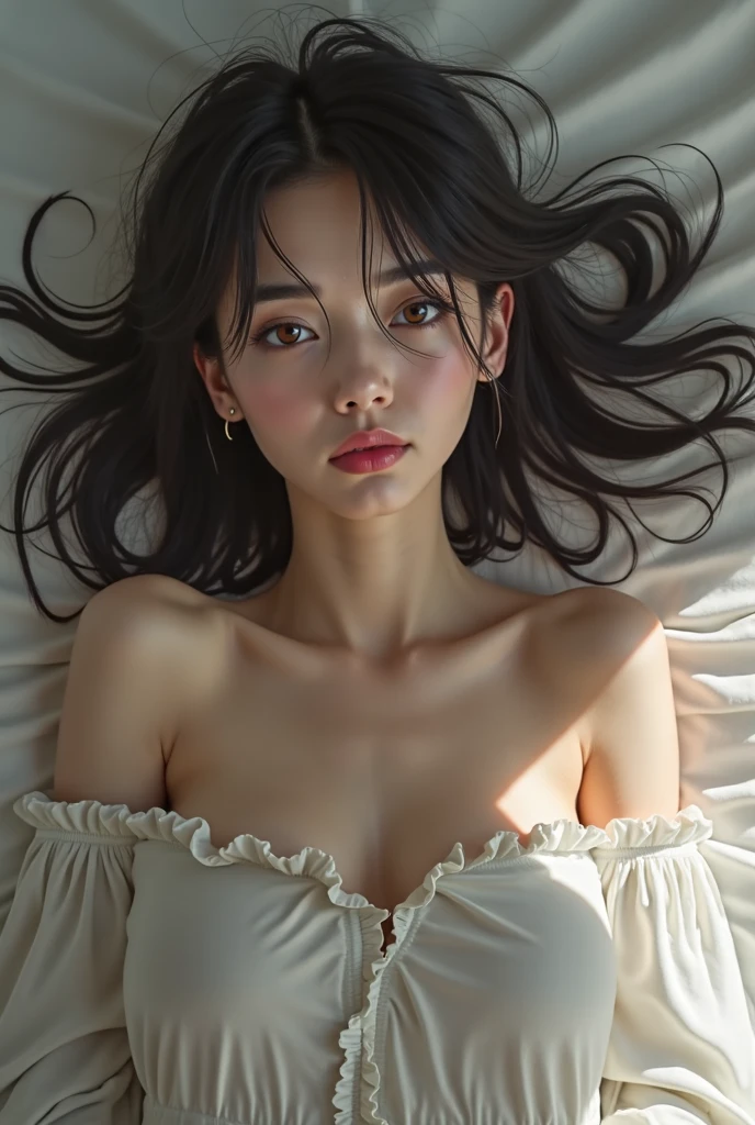 araffe asian woman laying on a bed with a blanket, a picture by Fei Danxu, tumblr, hyperrealism, laying on a bed, laying back on the bed, reclining on bed, posing in bed, lying at the bed, laying on her back on a bed, heonhwa choe, long thin legs, lying in bed