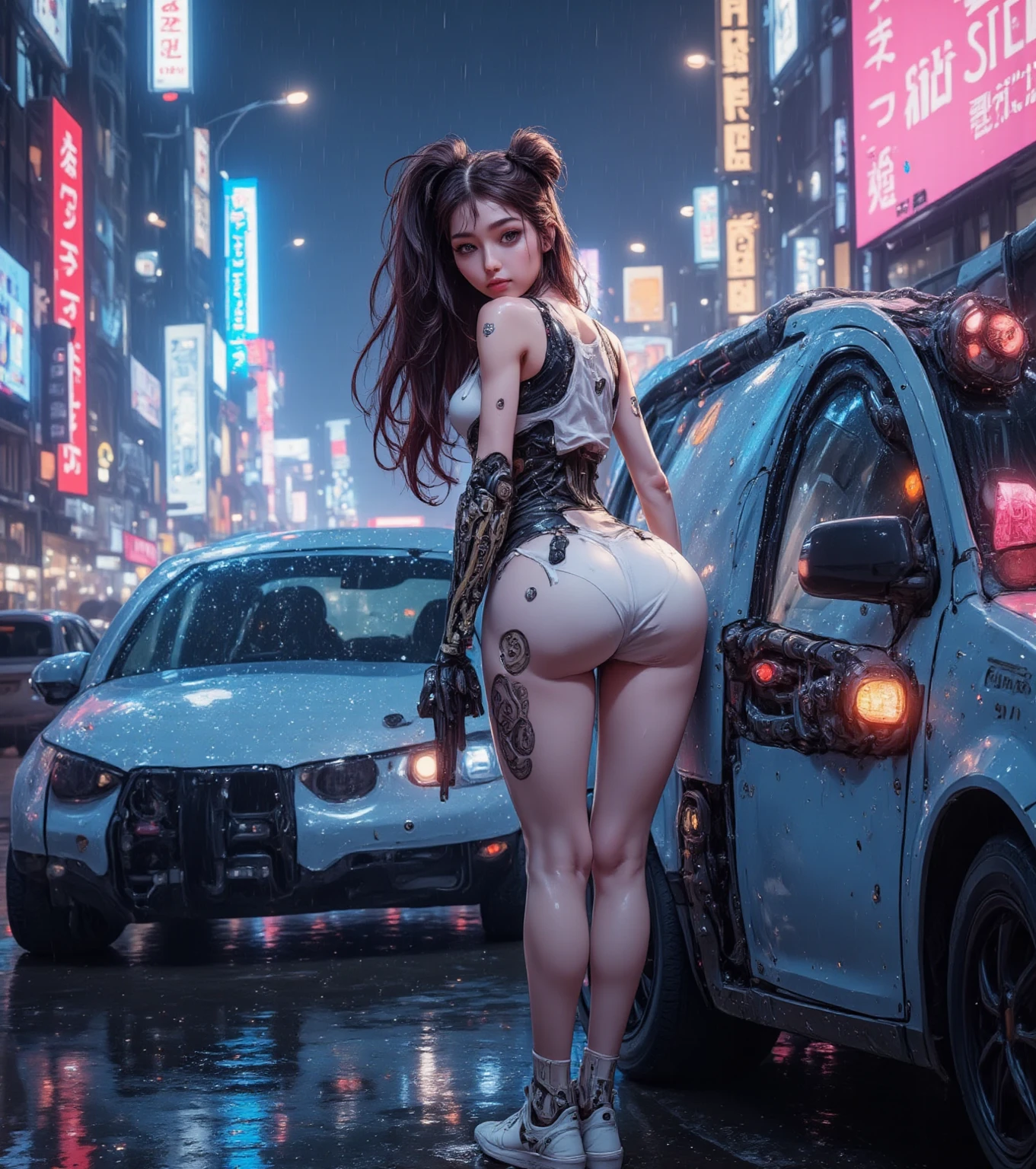 Cyberpunk cat woman in a ruined city at night, raining, revealing outfit, cat ears and tail. seductive body. curvy body. Cinematic details of the city, rear perspectives, beautiful ass, slim. standing looking forward, toned legs, wearing high-heeled shoes. at night, rainy nights. neon. neon lights. 8k. super detailed.