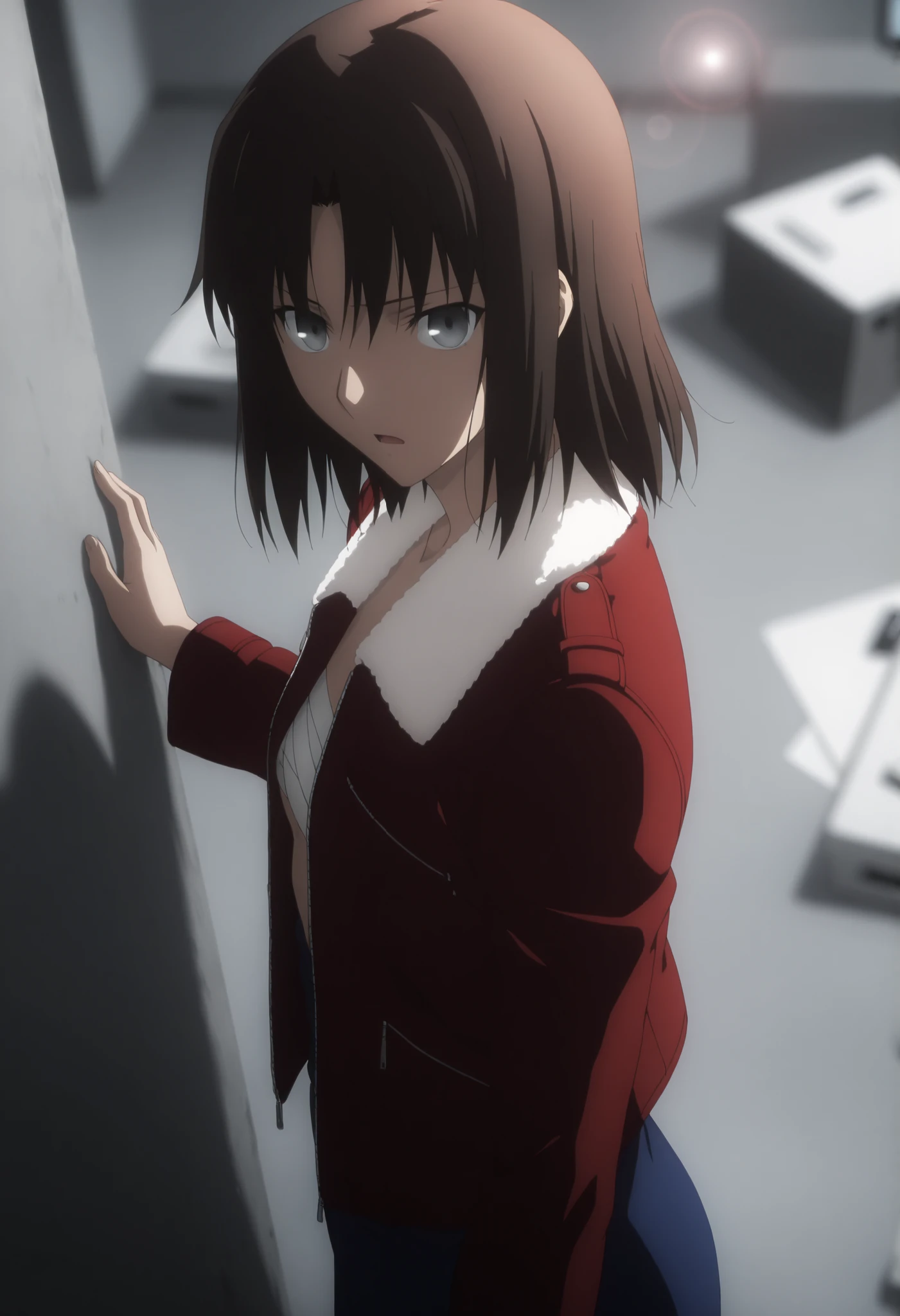 masterpiece, best quality, amazing quality, highres, absurdres, very aesthetic, high resolution, ultra detailed, perfect details, solo, midnight, indoors, ufotable style, (ruined office, cloudy, rainy), , (lens flare, blurry background, ), backlight, from side, from above, close up,
1girl, ufotable style, anime style, (anime coloring:1.5), (anime screencap:1.2) , ,(standing, on wall, ), (nervous, upturned eyes, light open mouth, ), BREAK
girl, mature, slim body, slender body, ,Ryougi Shiki , TYPE-MOON / Kara no Kyoukai , dark brown hair,medium hair,grey eyes,
(sarashi chest), blue kimono pull,with fur collar,red leather jacket, long sleeves, long kimono, bare thigh, (small breasts), flat chest, ((looking at viewer)), expressionless, aged up , concrete, gray background, many TV, broken tv,