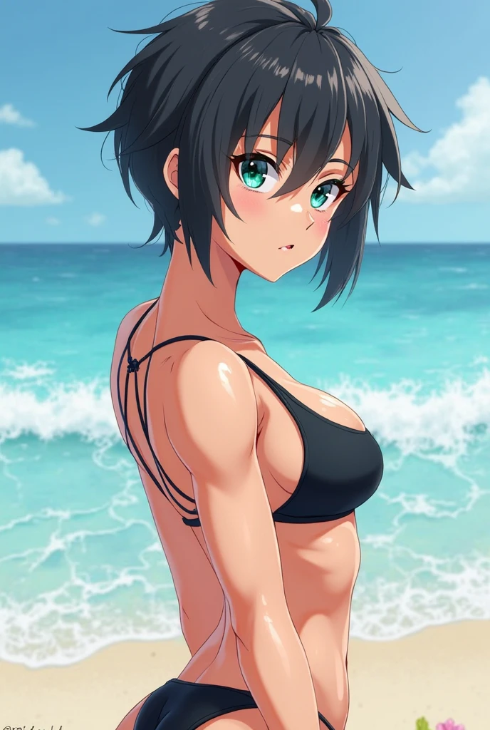 A beautiful busty gravure idol with short black hair wearing a yellow-green bikini swimsuit