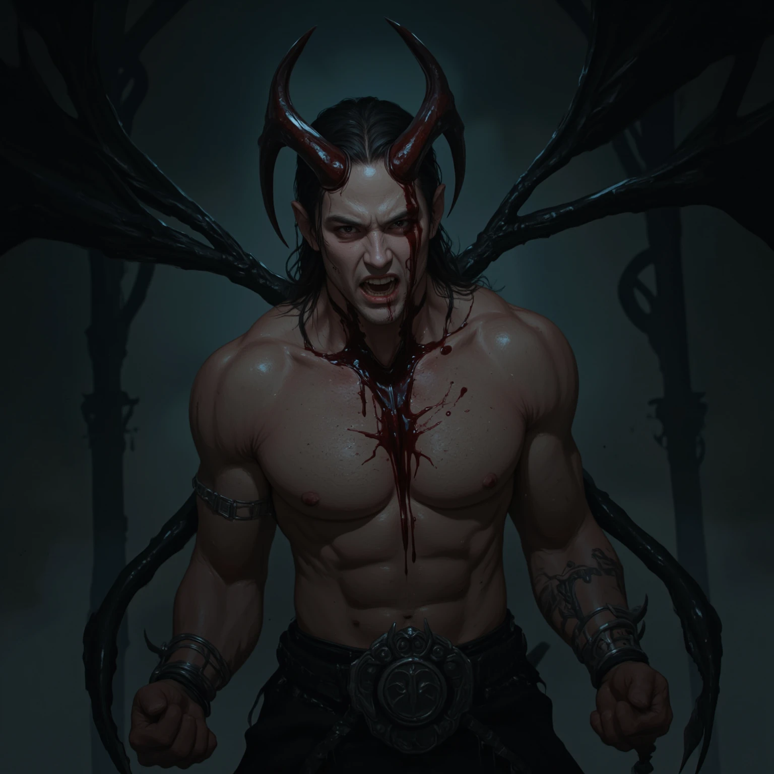 Realistic Digital Painting with Concept Art Elements"," digital painting," "concept art," "realistic," "high detail", "muscular",, "high-res", "ominous aura,", "8k resolution", "oil painting", "darker tone" , "little saturation" ,"dark feeling", "concept art" , "detailed features" , "detailed eyes" "1man" , "demon" , "large horns" , "Fangs" , "long hair", "short stubble on chin", "long nails" , "Asmodeus" , "full body" , "covered in blood" , "smiling" , "amazing background" , "laying in bed" "dark castle background" , "head resting on hand" , "large and imposing" , "scruffy beard" , "naked" ., "full body" , "looking up at viewer" , "very sexy" ,