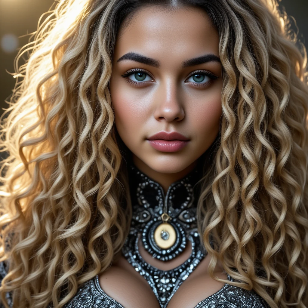 Woman naked in gold body jewelry, ((golden hearing aid)), Highly Detailed Face and Skin Texture, ((white skin)) big green eyes, slim face, juicy lips, bimbo lips, big puffy breast, mikro breastplates ((afro curly Black hair)), Black hair, pale skin, Detailed Perfect Eyes, Double Eyelids, cyberpunk gold metal jewelry BDSM, gold metal cyberpunk tapes on body, metal Collar, metal gold futuristic tiny Panties t-strings, metal panties, metal stickini, metal cupless bra, metal clothes, gold body jewelry, wet skin, she is naked. White skin, she is im Wilde dark jungle with big trees. masterpiece
