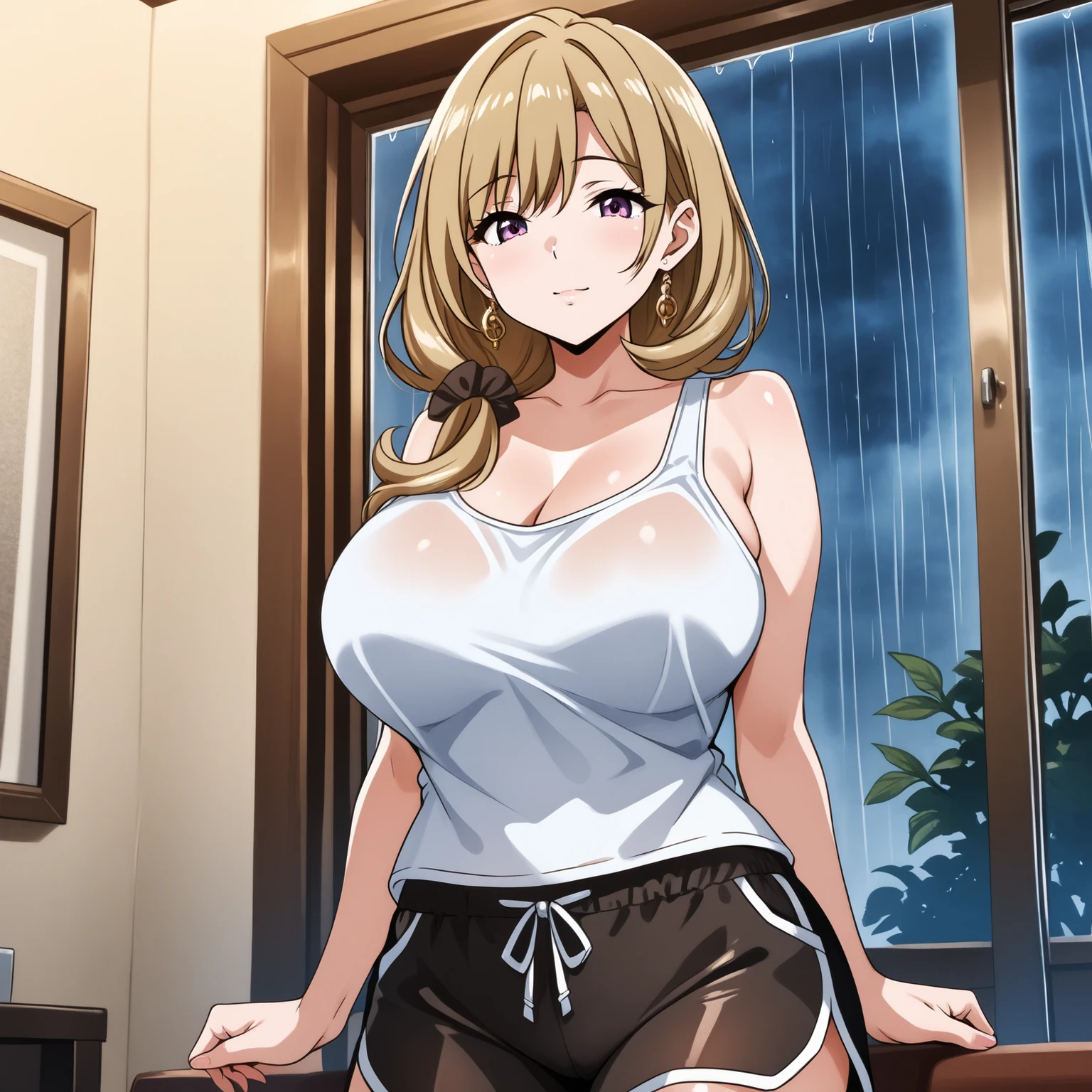 Seina Kashiwazaki, 1girl in, a blond, ponytail, butterfly hair ornament, (medium breast),( cropped tank top), blush , midriff, sitting, after sex, cum, cum on her breasts