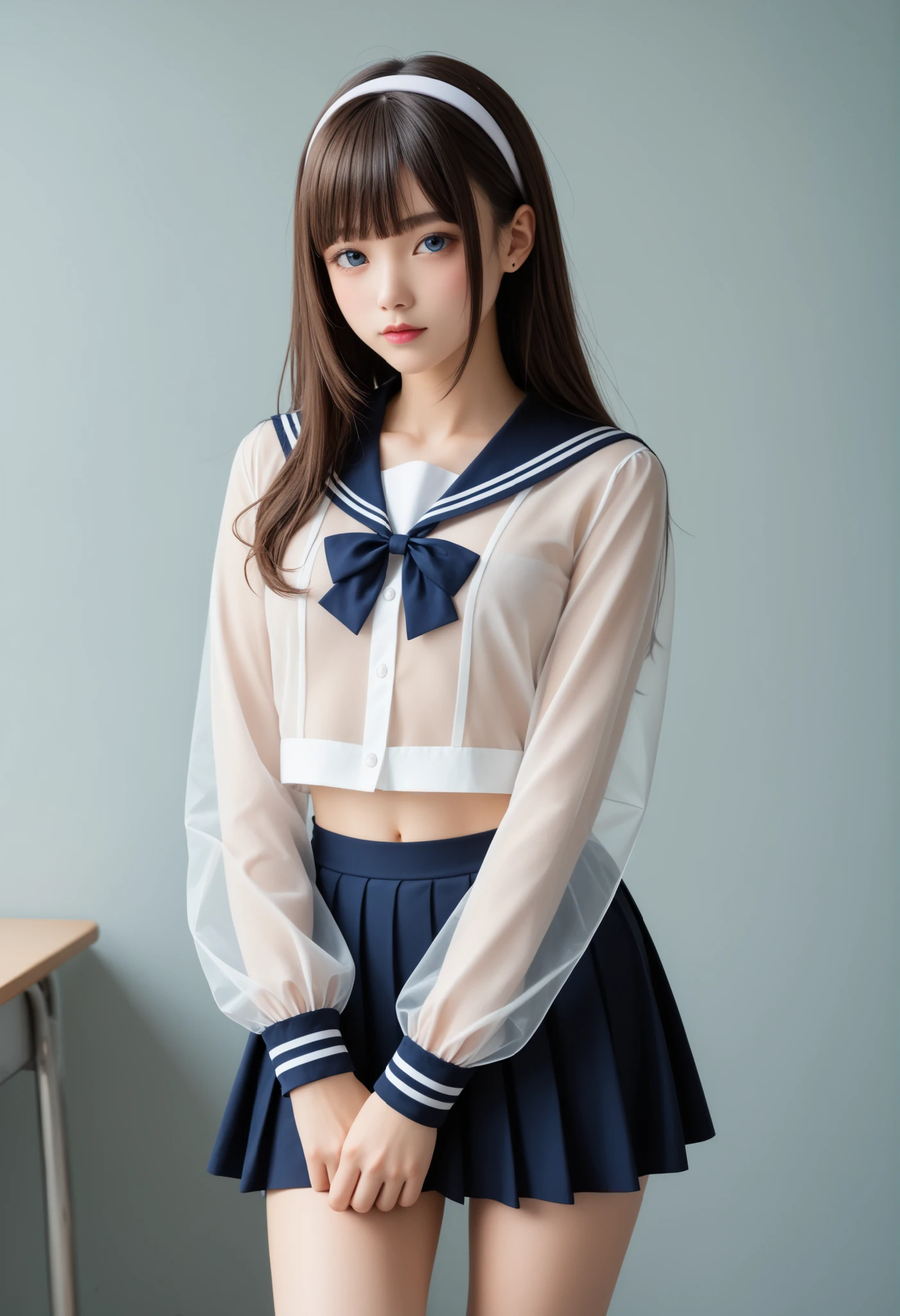best quality、high resolution、8K Wallpaper、(shape:0.8)、(beautiful and elegant when viewed from the front:1.6)、detailed face、Full photo 、 CG in detail、(perfect hand in h、perfect anatomy)、young woman、adults、twin tail hair、(Swept-apart bangs:1.3)、brown hair、blue eyes、sailor suit、skirt for ears、(white panties)、Classroom、(skirt for earsのリフト:1.1)、(The jacket is see-through and the bra is visible:1.1)、(Transparent jacket:1.weated:1.3)、focus、headband、Bob、nsfw、opening