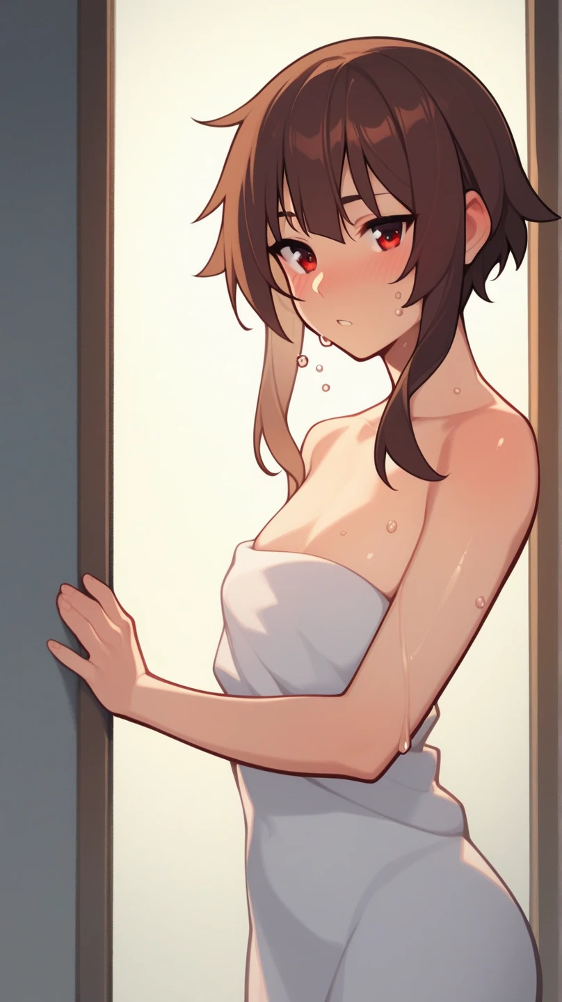 best quality, masterpiece, solo, 1 female、25 years old、(soft bust:1.2)、(natural breasts)、(cleavage)、(Slender body shape)、(naked towel)、Hide your breasts with a bath towel、emphasize the chest、thighs、(view audience:1.2)、(Warm up in a hot spring)、(white highlight on pupil:1.2)、(dark red-brown eyes)、(black haired:1.2)、wet hair、(shortcut)、(white skin)、white beautiful skin、wet skin、(blush:1.2)、(embarrassed expression)、shy、(kissing face)、(big hot spring bath:1.2)、(open-air bath)、(steam:1.2)、(Blur the background a lot to make the woman stand out:1.3)、(night sky)、(starry sky)、orange garden lights、Running lights
